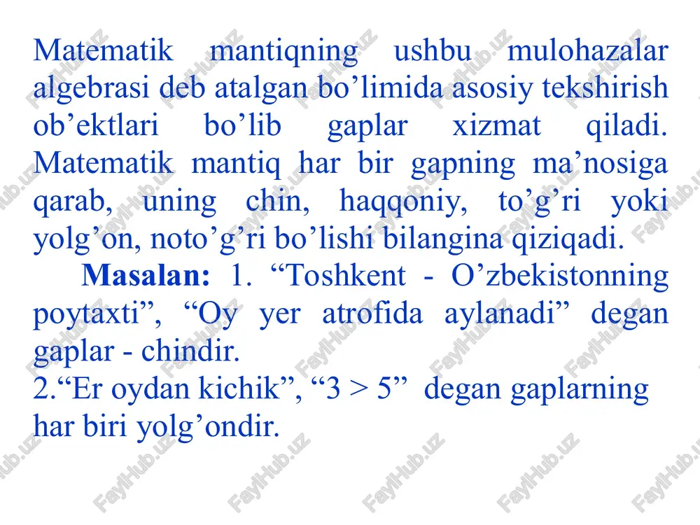 hkil etuvchilaridan biri, chunonchi “7>9” yolg’ondir. kon’yunktsiya ta’rifini quyidagi chinlik jadva li ko’rinishida yozish mumkin: x y y x  ch ch ch ch yo yo yo ch yo yo yo yo diz’yunktsiya (mantiqiy yig’indi) amali. 4 - ta’rif. x va y mulohazalar yolg’on bo’lgandagina yolg’on qiymatni qabul qilib, qolgan hollarda esa, chin qiymatni qabul qiladigan mulohazaga x va y mulohazal arning diz’yunktsiyasi deyiladi. ikkita x va y mulohazaning diz’yunktsiyasi “ y x  ” kabi yoziladi va “ x yoki y ” deb o’qiladi. ikki x va y mulohazaning diz’yunktsiyasi y x  murakkab mulohaza bo’lib, u faqat x va y yolg’on bo’lgandagina yolg’on qiymat qabul qilib, qolgan hollarda chin qiymatni qabu l qiladi. diz’yunktsiya amalini quyidagi chinlik jadvali orqali ham ifodalash mumkin: x y y x  ch ch ch ch yo ch yo ch ch yo yo yo implikatsiya amali. quyidagi murakkab mulohazalarni ko’raylik: 1) “agar 2 …