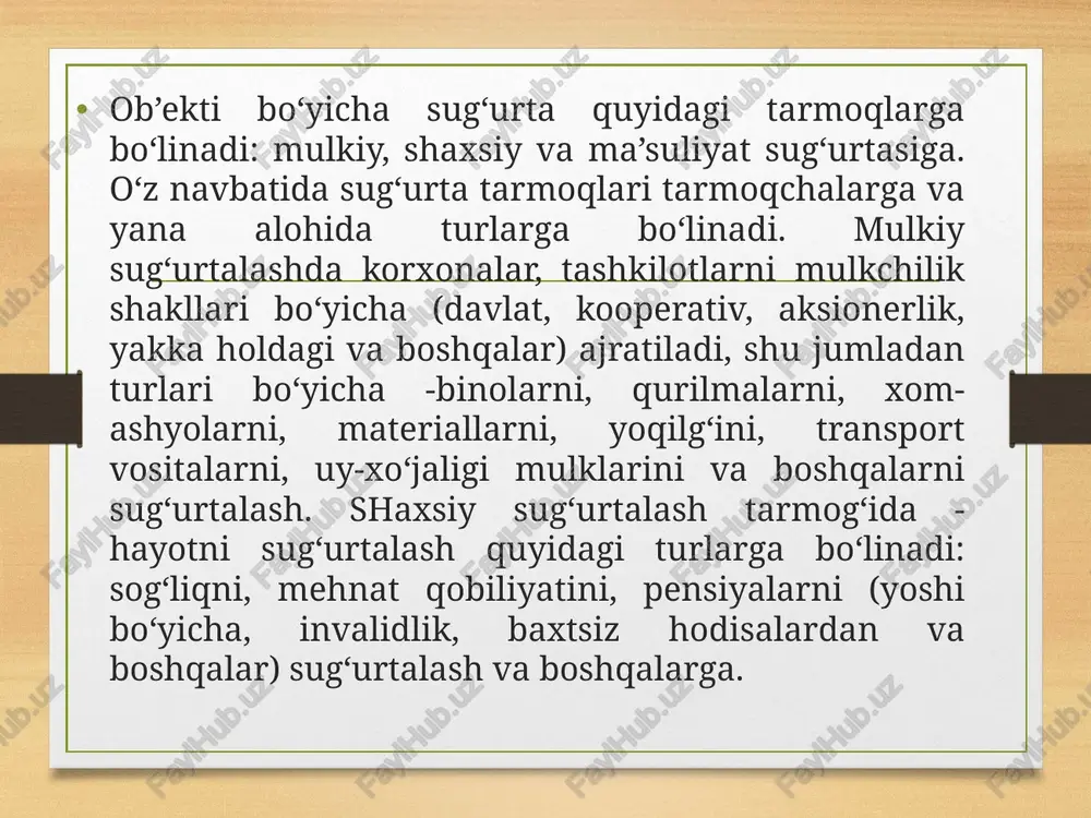 kasida, shuningdek, kombinatsiyalashgan guruhlash qo‘llaniladi (ikki va undan ortiq belgilarni qo‘shish orqali). masalan, sug‘urta vznoslari, to‘lovlari va boshqa ko‘rsatkichlar sug‘urta turlari bo‘yicha mulkchilik shakllari, tarmoqlar, regionlar, iqtisodiy tumanlar va boshqalar bo‘yicha o‘rganiladi. mol-mulkni sug‘urtalashning asosiy mutloq ko‘rsatkichlariga quyidagilar kiradi: sug‘urta maydoni (n max), sug‘urtalangan ob’ektlar soni (tuzilgan shartnomalar soni) - n, sug‘urta xodisalari soni (ps), talofot ko‘rgan ob’ektlar soni (pp), sug‘urtalangan mol-mulkning sug‘urtalash summasi (s), talofot ko‘rgan ob’ektlarning sug‘urtalash summasi (sn), sug‘urtaviy qoplashning to‘lov summasi (w), sug‘urta to‘lovlarining kelib tushgan summasi (v). 3. mol-mulkni sug‘urtalash statistikasining ko‘rsatkichlari o‘rtacha ko‘rsatkichlar asosida o‘rtacha koeffitsientlar hisoblanadi, jumladan, sug‘urta qoplovi to‘lovining o‘rtacha koeffitsienti: sug‘urta qoplovi to‘lovining o‘rtacha koeffitsientini sug‘urta to‘lovlari o‘rtacha summasiga nisbati bilan (kv = w/v); sug‘urtalangan ob’ektlarning o‘rtacha summasidagi zararning o‘rtacha xissasi: talofot ko‘rgan ob’ektlarning o‘rtacha sug‘urta summasini sug‘urtalangan ob’ektlarning o‘rtacha summasiga nisbati bilan (dy = sn / s); yo‘qotilish to‘laligining o‘rtacha ko‘rsatkichi: o‘rtacha sug‘urta qoplovini talofot ko‘rgan ob’ektlarning o‘rtacha sug‘urtalangan summasiga …