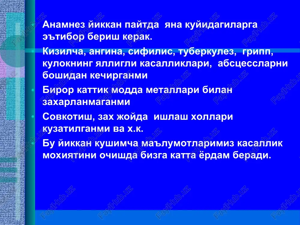 osachasining bevosita infitsirlanishi natijasida. kelib chikadi. pielonefritni urganish oxirgi yillarda katta axamiyat kasb etmokda, chunki u keyingi yillarda kup uchramokda va arterial gipertenziyaning asosini tashkil etmokda (50—60%). utkir pielonefrit kasallik kuzgatuvchilari jomchadagi utkir infektsiyalar xisoblanadi. kuzgatuvchilar limfa va kon orkali tushishi mumkin. infektsiya tushganda buyrak naychalari orasidagi tukimada va jomda nospetsifik yalliglanish paydo buladi. kasallikning kelib chikishida organizmning reaktivligi va mikroblarning virulentligi katta axamiyatga ega. kasallikning klinik kurinishi yukori xarorat, bosh ogrishi, yurakning tez-tez urishi, xansirash bilan utkir boshlanishi mumkin. kungil aynishi, kusish, korin dam bulishi mumkin. siydik ajralishi tezlashadi va ogrikli buladi. belda va kupincha kovuk ustida simillagan ogrik buladi. tekshirganda til kuruk, karash koplagan. pasternatskiy belgisi musbat. shish va akb kutarilishi kuzatilmaydi. belda ogrik va dizurik xolatlar bulmasligi mumkin. xarorat subfebrilgacha kutariladi. fakat siydikda kup mikdorda leykotsitlar bulishi mumkin. bu kupincha bolalarda va xomilador ayollarda uchraydi, lekin yukumli kasalliklarda xam kuzatilishi mumkin. utkir pielonefritning kechishi 1-2 xaftaga chuziladi, …
