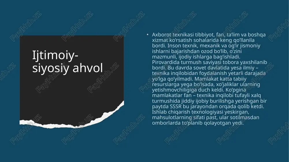 stda esa oʻzbekiston respublikasi mustaqillikni eʼlon qildi. shu bilan 70 yildan ortiq davom etgan sovet mustamlakachiligi tugadi. perestroyka va demokratik harakatlar 1985-yilda mixail gorbachyov boshchiligida boshlangan perestroyka va glasnost siyosati sovet ittifoqida bir qator islohotlarni amalga oshirishga harakat qildi. oʻzbekistonda ham bu o‘zgarishlar taʼsirida milliy ong kuchaya boshladi, mustaqillik sari harakatlar avj oldi. 1989-yilda islom karimov oʻzbekiston kp birinchi kotibi etib tayinlandi va milliy manfaatlarni himoya qilishni kuchaytirdi. sovet iqtisodiy tizimi va oʻzbekistonning roli sovet ittifoqi davrida oʻzbekiston iqtisodiyoti qishloq xo‘jaligiga, ayniqsa, paxtachilikka qattiq bog‘liq edi. respublika “paxta yetishtirish rejasi”ni bajarish uchun ishchilarni safarbar qilar, ko‘plab yoshlar va talabalarning majburiy mehnatga jalb qilinishi kuzatilardi. oʻzbekiston boshqa respublikalardan sanoat mahsulotlarini import qilishga majbur edi. iqtisodiy inqiroz va taqchillik 1980-yillarning oxiriga kelib, sovet ittifoqida iqtisodiy tanglik kuchaydi. neft va gaz eksportidan tushadigan daromad kamaydi, bu esa butun sssr bo‘ylab iqtisodiy qiyinchiliklarga sabab bo‘ldi. oziq-ovqat va iste’mol mahsulotlari yetishmovchiligi yuzaga keldi. doʻkonlarda asosiy …
