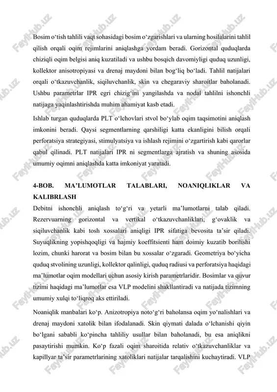 ya noto‘g‘ri baholansa oqim yo‘nalishlari va drenaj maydoni xatolik bilan ifodalanadi. skin qiymati dalada o‘lchanishi qiyin bo‘lgani sababli ko‘pincha tahliliy usullar bilan baholanadi, bu esa aniqlikni pasaytirishi mumkin. ko‘p fazali oqim sharoitida relativ o‘tkazuvchanliklar va kapillyar ta’sir parametrlarining xatoliklari natijalar tarqalishini kuchaytiradi. vlp doirasidagi gidravlika modellari ham muayyan soddalashtirishlarga asoslanadi va bu soddalashtirishlar yuqori debitlarda sezilarli farq keltirib chiqarishi mumkin. kalibrlash va verifikatsiya jarayonida nazariy natijalar daladagi kuzatuvlar bilan solishtiriladi. bosim o‘tish tahlilidan olingan parametrlar ipr ni yangilashda ishlatiladi. plt natijalari oqim taqsimotini ko‘rsatadi va shu asosda segmentlar bo‘yicha qarshiliklar qayta baholanadi. nodal tahlilda esa turli ssenariylar taqqoslanadi va sezgirlik tahlili orqali eng ta’sirchan parametrlar aniqlanadi. shu tarzda model doimiy ravishda takomillashtirilib, real ekspluatatsion sharoitlarga moslashtiriladi. 5-bob. hisob-kitob misollari va amaliy tavsiyalar gorizontal quduq uchun soddalashtirilgan misol sifatida rezervuar bosimi, quduq tubi bosimi, suyuqlik yopishqoqligi, hajmiy koeffitsient, o‘tkazuvchanlik, kollektor qalinligi, gorizontal stvol uzunligi, skin va quduq radiusi berilgan deb olaylik. …