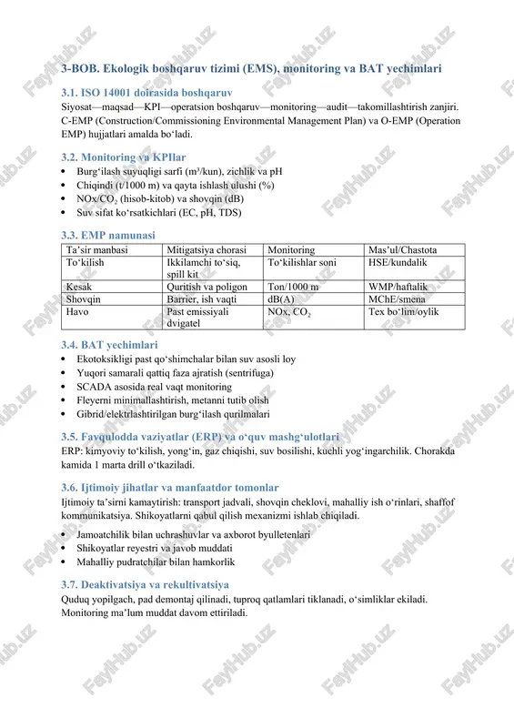 300–500 — oyiga 1 marta laboratoriya neft mahsulotlari (mg/l) <0.05 0.1 kvartalda hse 4.4. transport va logistika boshqaruvi tezlik cheklovi, yo‘llarni namlash, changni bosish transport harakatini pik soatlardan tashqariga rejalash yoqilg‘i tejamkor marshrutlar 4.5. ishchi salomatligi va xavfsizligi bilan integratsiya ppe, kimyoviylar bilan ishlashda sdsga mos ravishda treninglar, to‘kilishlarga tayyorgarlik. hse va ekologiya o‘rtasida maʼlumot almashinuvi. xulosa gorizontal burgʻilash atrof-muhit izini kamaytirish imkonini beradi, biroq bu faqat kuchli ekologik boshqaruv sharoitida ro‘yobga chiqadi. xavflarni erta identifikatsiya qilish, eia natijalarini empga integratsiya qilish, bat yechimlaridan foydalanish va monitoringning uzluksizligi barqaror natijalarga olib keladi. suv asosli loy va samarali qattiq faza ajratish—asosiy chora yer osti suvlari uchun semento‘rash sifati—tanqidiy nuqta iso 14001 tizimi va doimiy auditlar—intizom va shaffoflik erp va treninglar—nol to‘kilish maqsadiga xizmat qiladi foydalanilgan adabiyotlar iso 14001: environmental management systems — requirements with guidance for use. ifc ehs guidelines for onshore oil and gas development. api rp 65: cementing shallow …