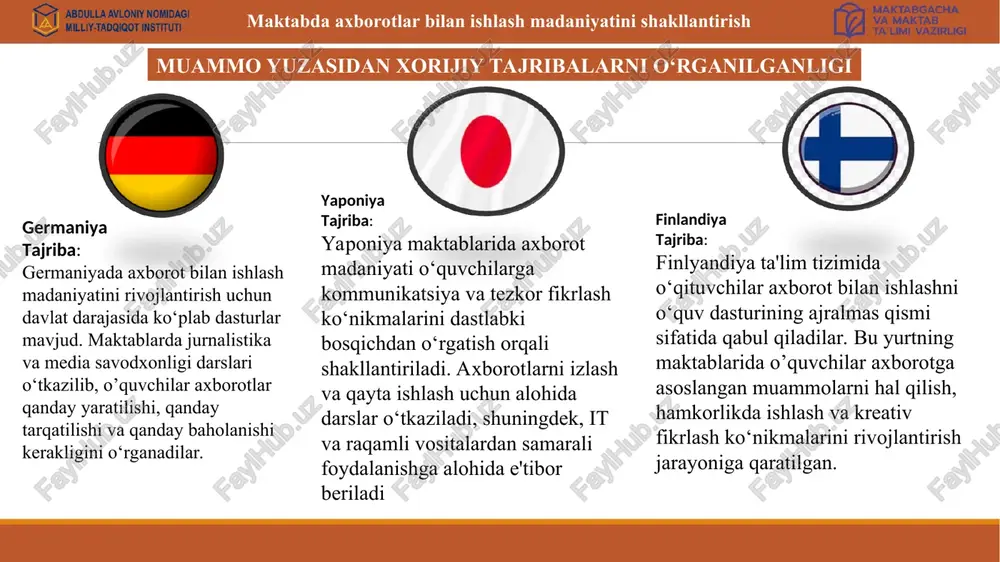 rolli o‘yinlardan foydalanish. . takliflar maktabda axborotlar bilan ishlash madaniyatini shakllantirish chora-tadbirlar rejasi maktabda axborotlar bilan ishlash madaniyatini shakllantirish t/r muammo amalga oshirish mexanizmi mas’ul muddat natija 1 o‘quvchilarga axborotlar manbalarini tanlash va baholash ko‘nikmalarini o‘rgatish. bu, ishonchli va ishonchsiz manbalarni farqlashni o‘z ichigaoladi. ta'lim dasturlari: axborot texnologiyalari va axborot xavfsizligi bo‘yicha alohida kurslar joriy etish. bu kurslarda o‘quvchilar internetdan qanday foydalanishni, ma'lumotlarni qanday qidirishni va ularni tahlil qilishni o‘rganishlari mumkin. maktab direktori, informatika o‘qituvchisi doimiy axborotni izlash uni topish ko‘nikmasi shakllanadi, ishonchli va ishonchsiz axborotni farqlay oladi 2 tahlil qilish: o‘quvchilarni axborotlarni tahlil qilishga, uning mohiyatini tushunishga va mustaqil ravishda fikr yuritishga tayyorlash axborotlar bilan ishlash madaniyatini oshirish maqsadida mutaxassislarni taklif qilib, axborot siyosati, axborot xavfsizligi va tahlil qilishni o‘z ichiga olgan tadbirlar o‘tkazish. otmlardan mutaxasislarni jalb qilish. direktor bir yilda ikki marta axborotlarni tahlil qilishga, uning mohiyatini tushunishga va mustaqil ravishda fikr yuritishga tayyorlash 3 foydalanish ko‘nikmalari: axborotlarni …