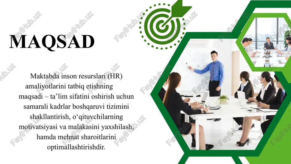 niy farovonligini oshirish dasturlarini joriy etgan. hr boshqaruvi tajriba va natijalarga asoslangan ish haqi tizimini qo‘llaydi. o‘qituvchilar faoliyati va ish samaradorligini kuzatish uchun raqamli hr platforma yaratish zarur elektron hujjat aylanishini rivojlantirish va ishga qabul qilish jarayonlarini raqamlashtirish kerak. mavzuning qiyosiy tahlil etilganligi xulosa xulosa qilib aytadigan bo‘lsam, maktablarda inson resurslarini boshqarish (hr) tizimi rivojlanish bosqichida bo‘lib, zamonaviy boshqaruv usullari asta-sekin tatbiq etilmoqda. kadrlar tanlovi, malaka oshirish, baholash va rag‘batlantirish tizimlari bo‘yicha islohotlar amalga oshirilmoqda. axborot texnologiyalardan foydalanish ortib, hr jarayonlari avtomatlashtirilmoqda. shu bilan birga, maktablarda hr tizimini to‘liq joriy etishda muammolar ham mavjud. xodimlarni boshqarishning ilmiy asoslangan mexanizmlarini joriy etish, kadrlar malakasini oshirish va xalqaro tajribalarni tatbiq etish zarur. ta’lim sifati hr amaliyotlarining to‘g‘ri tashkil etilishiga bevosita bog‘liq bo‘lib, bu borada kompleks yondashuv talab etiladi. bu chora-tadbirlar maktab ta’limida inson resurslarini boshqarishning samaradorligini oshirib, ta’lim sifati va kadrlar motivatsiyasini yaxshilashga xizmat qiladi. 9 takliflarim xodimlarni tanlashda aniq baholash mezonlari …