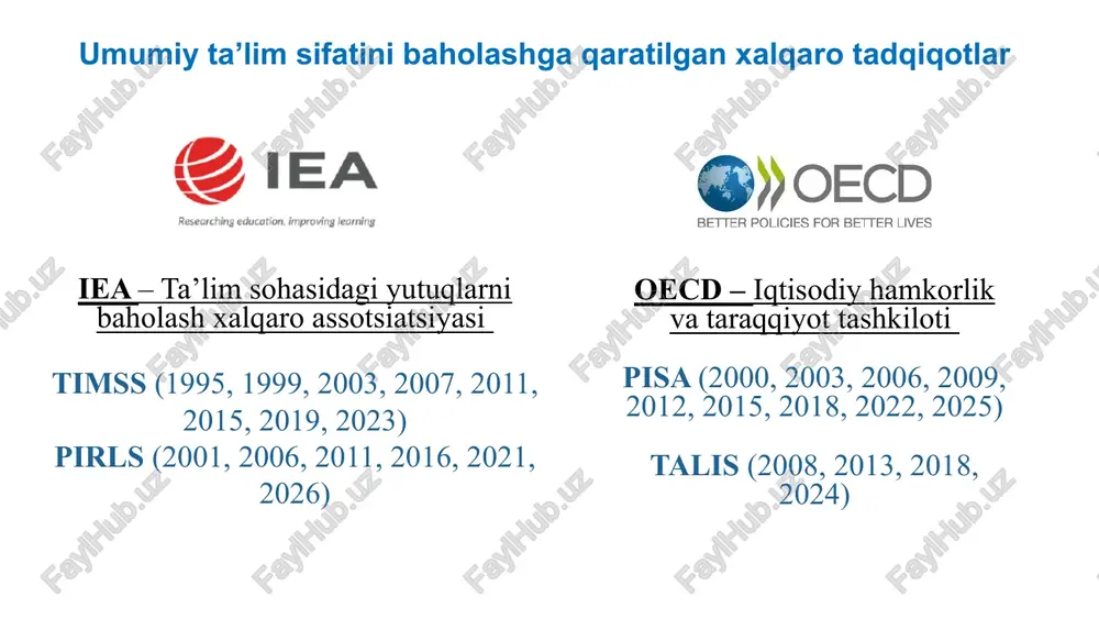 a 308 15 maktab joylashuvi bo‘yicha o‘quvchilar natijalari shahar maktablari matematika o‘qish tabiiy fanlar 368.73373474440399 342.63386815440799 359.99939473739499 qishloq maktablari matematika o‘qish tabiiy fanlar 357.91465732464798 326.55986371688198 348.41940966888598 o‘rtacha ball o‘quvchilarning maktabgacha ta’lim tashkilotlariga borganligi hamda matematika, o‘qish hamda tabiiy fanlar bo‘yicha natijalari kamida bir yil ammo ikki yildan kam matematika o‘qish tabiiy fanlar 351.64539394107788 320.49739325199147 341.84080325079248 kamida ikki yil ammo uch yildan kam matematika o‘qish tabiiy fanlar 366.11074458070817 340.02164283212676 357.99562126639916 uch yildan ortiq matematika o‘qish tabiiy fanlar 371.16532879713105 345.5087883243616 361.42906256361124 o‘rtacha ball pisa, pirls va timss tadqiqotlarning darajalari 18 tadqiqotida darajalar tasnifi 6-darajada o‘quvchilar mavhum muammolar bilan ishlash va yechimlarni topa olishlari uchun kreativlik va moslashuvchanlikni namoyish qiladilar. 5-darajada o‘quvchilar murakkab vaziyatlar uchun modellar ishlab chiqish hamda muammolarni hal qilish qobiliyatini namoyon etadilar 4-darajada o‘quvchilar natijaning to‘g‘riligini sifatli xulosa chiqarish orqali baholash hamda grafik tasvirlarni tanlash orqali bajaradilar 3-darajada o‘quvchilar yechim strategiyalarini, shu jumladan izchillik bilan qaror qabul qilishni namoyon etadilar …