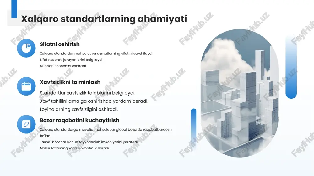 angi imkoniyatlar va xavflar xalqaro standartlar va sertifikatlar orqali yangi imkoniyatlar. xavflar va ularni boshqarish strategiyalari. kelajakda yuzaga kelishi mumkin bo'lgan muammolar. xalqaro hamkorlik xalqaro standartlarning ahamiyati xalqaro standartlar va sertifikatlar it loyihalarida muhim rol o'ynaydi. sifat va xavfsizlikni ta'minlaydi. bozor raqobatbardoshligini oshiradi. kelajakdagi rivojlanish xalqaro standartlar va sertifikatlarning kelajagi. innovatsiyalar va raqamli transformatsiya. iqtisodiy o'sish va barqarorlik. xalqaro hamkorlikning kuchayishi hamkorlikni kuchaytirish va rivojlantirish. global bozorda raqobatbardosh bo'lish. xulosa tatu etiboringiz uchun rahmat image8.png image5.png image2.png image13.png image3.png image1.png image11.png image12.png image9.png image4.png image6.png image10.png