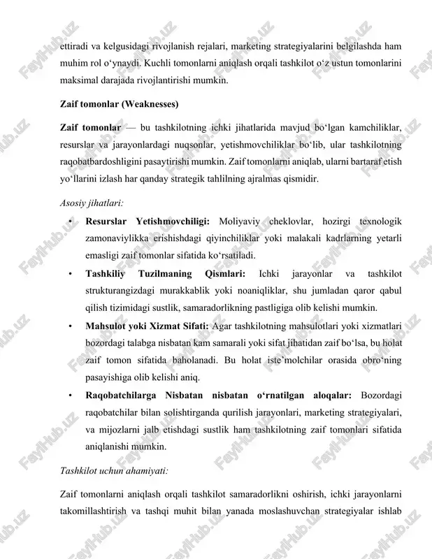 k tizimida o‘zgarishlar: hukumat siyosati, yangi qonunlar yoki soliq imtiyozlari kabi omillar tashkilotning raqobatchilarga nisbatan ustunlikka erishishiga xizmat qilishi mumkin. · raqobatdosh muhitdagi bo‘shliq: bozor metodologiyalaridagi o‘zgarishlar, bozorni egallash imkoniyatlarini keltirib chiqarishi mumkin. shu jumladan, raqobatchilarning sust faoliyati, mahsulot sifati yoki marketing strategiyalaridagi nuqsonlar tashkilot uchun yangi imkoniyatlar sifatida ko‘riladi. tashkilot uchun ahamiyati: imkoniyatlarni aniqlash tashkilotga strategik qarorlar qabul qilishda yangi yo‘nalishlarni belgilash va ilg‘or metodlarni tatbiq etishda katta yordam beradi. yangi bozorlarni kashf etish, texnologik yangiliklardan samarali foydalanish, diversifikatsiya strategiyalari orqali mavjud imkoniyatlarni maksimal darajada ochib berish korxonaning bozordagi raqobatbardoshligini oshiradi. tahdidlar (threats) tahdidlar — bu tashkilotning tashqi muhitida mavjud bo‘lgan, uning muvaffaqiyatiga salbiy ta’sir ko‘rsatishi mumkin bo‘lgan omillarni ifodalaydi. ular iqtisodiy o‘zgarishlar, raqobatchilarning faoliyati, siyosiy noaniqliklar yoki boshqa salbiy ijtimoiy-iqtisodiy jarayonlardan iborat bo‘lishi mumkin. asosiy jihatlari: · bozordagi yuqori raqobat: bozorda ko‘plab raqobatchilar mavjudligi, ularning yangilanish strategiyalari yoki agresiv marketing kampaniyalari tashkilotning pozitsiyasiga salbiy ta’sir ko‘rsatishi mumkin. · …