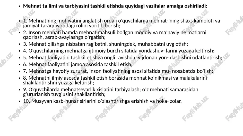 da maxsus ish joyi tashkil qilish, xavfsiz va qulay mehnat sharoitini yaratish zarur. xomashyo materiallar, asboblar, moslamalar bilan ta’minlash. sanitariya-gigiena, mehnat xavfsizligi bo‘yicha belgilangan talablarning to‘liq bajarilishini ta’minlash va muntazam nazorat qilib borish. mehnat korxonalari, tashkilotlar, kasb-hunar kollejlari bilan uzviy aloqa o‘rnatish, o‘quv xonada ishlash qoidalari bilan tanishtirish, sinf jurnallarini, rasmiy hujjatlarni, ish rejalarini yuritish. uslubiy vazifalar: mashg‘ulotlarning yarim va bir yillik ish reja- larini tuzish, bunda mahalliy sharoit va ehtiyojlar va imkoniyatlarni hi- sobga olib, o‘quvchilarni yaqindan tanishtirish mumkin bo‘lgan kasb turlarini tanlash, o‘g‘il va qiz bolalarning o‘zlariga xos mehnat mash- g‘ulotlarini amalga oshira borish, mashg‘ulotlarda zamonaviy ilg‘or pedagogik texnologiyalar, didaktik vositalardan keng foydalanish, mehnat ta’lim va tarbiyasining birligini ta’minlash. o‘quvchilarda mehnat malaka va ko‘nikmalarini, mehnatga qizi- qish va mehnatsevarlikni shakllantirish. texnalogiya ta’limi jarayonida o‘quvchilarni aqliy va axloqiy jihatdan rivojlantirib borishda ularning yosh xususiyatlari, shaxsiy ruhiy va fiziologik sifatlarini hisobga olish, o‘quvchilarni kasbga yo‘naltirish ishlarini olib borish. boshlang‘ich maktablarda …
