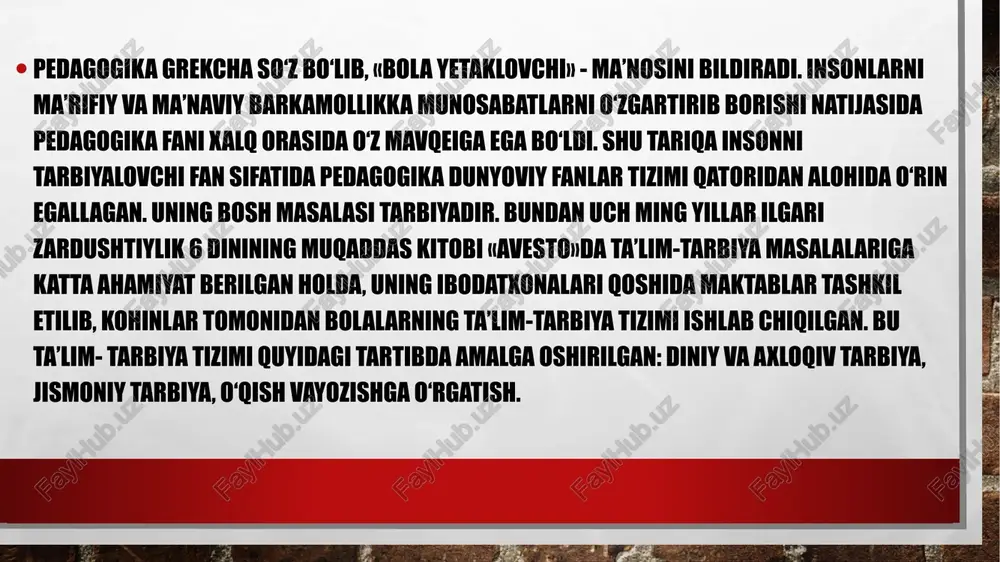 oshdagi bolalarga har tomonlama tarbiya berishning maqsadi, bolaning imkoniyatlari va uni ilk yoshdan boshlab tarbiyalashning roli, maktabgacha tarbiyani hayot, zamon bilan bog‘lab olib borishning zarurligi, bola shaxsining shakllanishida ijtimoiy muhitning hal qiluvchi ahamiyatiga asoslanadi. pedagogika fani tarbiyani pedagogik hodisa sifatida o‘rganib, bir qator tushunchalarni o‘z ichiga oladi. pedagogikada tarbiya, ta’lim, ma’lumot asosiy tushunchalar hisoblanadi maktabgacha pedagogika fanining predmeti va asosiy vazifalari. maktabgacha pedagogika maktabgacha ta’lim-tarbiyaning umumiy qonuniyatlari, muayyan jamiyatda yagona ijtimoiy maqsadga muvofiq maktabgacha yoshdagi bolalarni tarbiyalash hamda unga ta’lim berishning mohiyati va muammolarini o‘rganadigan fan. maktabgacha pedagogika tug‘ilgandan to yetti yoshgacha bo‘lgan bolalarga har tomonlama tarbiya berish qonuniyatlarini o‘rganadi va maktabgacha ta’lim tashkiloti sharoitida ta’lim-tarbiya ishini tashkil etishning mazmuni, shakl, uslub va vositalar hamda maktabgacha ta’lim yoshidagi bolalarning yosh va o‘ziga xos xususiyatlarini hisobga olgan holda ularning har tomonlama uyg‘un rivojlanishini ta’minlashga qaratilgan shartsharoitlarni ishlab chiqadi. u maktabgacha ta’lim tashkilotlari, oila va maktab ishidagi izchillikni ta’minlaydi hamda bolalarni maktab …