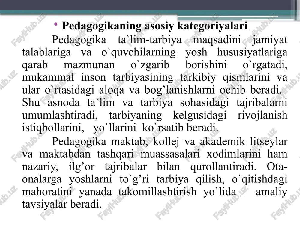 rdan qayta asoslab, etika va psixologiyaning nazariy yutuqlariga tayangan holda ta’lim tizimini yaratdi. i.f.gerbart ta’lim tizimining asosiy belgisi quyidagilardan iborat. o’quvchilarning intellektual rivojlanishini ta’minlash maktabning asosiy vazifasi; bolani tarbiyalash esa oilaning vazifasidir. o’zbekiston respublikasining “ta’lim to’g’risida”gi qonunida ta’lim va tarbiyani insonparvarlik, demokratik g’oyalarga muvofiq tashkil etilishi e’tirof etilgan. ta’limni insonparvarlashtirish ta’lim jarayonida o’quvchi shaxsini hurmat qilish, uning sha’ni, obro’si, qadr-qimmatini poymol etmaslik, mavjud iste’dodini rivojlantirishni nazarda tutadi. demokratlashtirish esa pedagogik jarayonda rasmiyatchilikka yo’l qo’ymaslik, ta’lim dasturlarini tanlashda o’quvchilarning fikrlarini inobatga olishni ifodalaydi. respublika uzluksiz ta’lim tizimi ijtimoiy buyurtmani bajarishga xizmat qiladi, barkamol shaxs va yetuk mutaxassisni tarbiyalash vazifasini bajaradi. inson muammosiga qisqacha tarixiy-falsafiy nazar tashlash xx asr boshiga kelib falsafada bilimning yangi mustaqil sohasi – inson haqidagi ta’limot, ya’ni falsafiy antropologiya vujudga kelishi uchun barcha shart-sharoitlar yaratilganini ko’rsatadi. falsafiy antropologiyaning vujudga kelishi va rivojlanishi. yunoncha sophia – donishmandlik, anthropos – inson va logos – ta’limot so’zlaridan kelib chiqqan «falsafiy antropologiya» …
