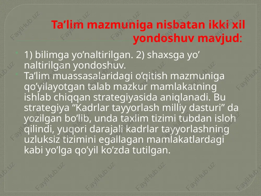 yiladi. «3» baho qo'yiladi, agar: a) o'quvchi o'rganilgan mavzuni o'zlashtirgan, lekin mustaqil tushuntirib berishda o'qituvchining aniqlashtiruvchi savollariga ehtiyoj sezsa; b) savollarning mantiqiy tuzuilishini o'zgartirib berganda, javob berishga qiynalsa; v) yozma ishda xatolari bor bo'lsa. «2» baho qo'yiladi, agar: a) o'quvchi o'rganilgan mavzu haqida tushunchaga ega, biroq mavzuni o'zlashtirmagan, b) yozma ishda qo'pol xatolarga yo'l qo'ysa qo'yiladi.o’rganish maqsadlarini belgilash : rubrika.ko’p holatlarda har qanday o’n yoki undan ko’p tajribaga ega bo’lgan o’qituvchilar o’z faoliyati davomida talabalarni baholash jarayonida ularga baho beradi. nazorat savollari ta’limni tashhis etish nima? uning mohiyati haqida gapirib bering. ta’limni baholash yoki tekshirish va tashhis o’rtasidagi farq nimalarda ko’rinadi? nazorat va tekshirish tushunchalarini izohlab bering. 4.o’quvchilarning o’zlashtirish natijalarini hisobga olishda nimalarga e’tibor berish lozim? foydalanilgan adabiyotlar: pedagogy and practice: teaching and learning in secondary schools. michael uljens.school didactics and learning: a school didactik model framing an analysis of pedagogical implications of learning theory 2008-y. john dewey,how we think(1910).martin,jay.the …