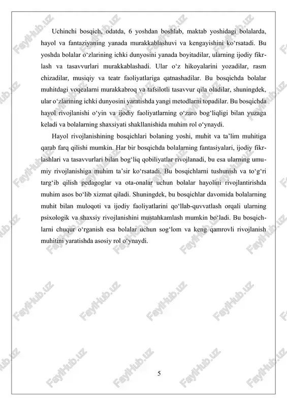 ishlab chiqishga yordam beradi. bunday muvofiqlashtirish, ayniqsa, bolalar ta’limi, psixologik sog‘liq va shaxsiy rivojlanishda muhim ahamiyatga ega. u, shuningdek, madaniyat va atrof-muhit ta’sirlarini hisobga olib, bolalar hayolining rivojlanish jarayonini yanada kengroq va chuqurroq tushunishga yordam beradi. shu bilan birga, bu yondashuvlar bolalar yoshiga moslashtirilgan, individual ehtiyojlar va qobiliyatlarni hisobga olgan holda, rivojlanish jarayonini shaxsiylashtirish imkonini beradi. xulosa qilib aytganda, teoriyaviy va amaliy yondashuvlarni muvofiqlashtirish bolalar hayolining rivojlanishida muhim strategiya bo‘lib, bu jarayonni yanada samarali, tizimli va nazariy asosga asoslangan qilish imkonini beradi. bu, o‘z navbatida, bolalar uchun sog‘lom va keng qamrovli rivojlanish muhitini yaratishda asosiy omil hisoblanadi. bu yondashuvlar orqali bolalar o‘zlarining ijodiy va fantaziya qobiliyatlarini rivojlantirishga, muammolarni hal qilishda yangi yondashuvlar ishlab chiqishga va shaxsiy rivojlanishda muvaffaqiyatga erishishga imkon yaratadi. shu bilan birga, bu jarayonni doimiy nazorat va takomillashtirish orqali, bolalarning hayol rivojlanishini yanada samarali qilish mumkin bo‘ladi. iii. madaniyat va atrof-muhit ta'sirining roli madaniyat va atrof-muhit bolalarning hayolining …