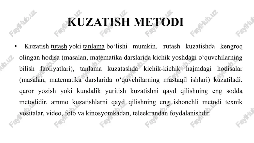 itishning og‘zaki metodlaridan ajratib qo‘yib bo‘lmaydi. ko‘rsatma-qo‘llanmalarni namoyish qilishni har doim o‘qituvchining va o‘quvchilarning tushuntirishlari bilan birgalikda olib boriladi. ko‘rsatmali metodlari o‘qituvchining so‘zi bilan ko‘rsatma vositalardan birgalikda foydalanishning 4 ta asosiy shakli aniqlangan: 1) o‘qituvchi so‘zlar yordamida o‘quvchilarning kuzatishlarini boshqaradi; 2) og‘zaki tushuntirishlar ob’ektning bevosita ko‘rin-maydigan tomonlari haqida ma’lumotlar beradi; 3) ko‘rsatma-qo‘llanmalari o‘qituvchining og‘zaki tushuntirishlarini tasdiqlovchi yoki konkretlashtiruvchi illyustrasiya bo‘lib xizmat qiladi; 4) o‘qituvchi o‘quvchilar kuzatishlarini umumlashtiradi va umumiy xulosa chiqaradi. amaliy metodlar amaliy metodlar. malaka va ko‘nikmalarni shakllantirish va mukammalashtirish jarayoni bilan bog‘liq bo‘lgan metodlar o‘qitishning amaliy metodlari hisoblanadi. xususan, bunday metodlar jumlasiga yozma va og‘zaki mashqlar, amaliy va laboratoriya ishlari, mustaqil ishlarning ba’zi turlari kiradi. mashqlar asosan mustahkamlash va bilimlarni tatbiq qilish, malaka va ko‘nikmalarni shakllantirish metodi sifatida qo‘llaniladi. induktsiya induksiya metodi bilishning shunday yo‘liki, bunda o‘quvchining fikri birlikdan umumiylikka, xususiy xulosalardan umumiy xulosaga o‘sib boradi. induktiv xulosa – xususiydan umumiyga qarab boradigan xulosadir. bu metoddan foydalanib biror …