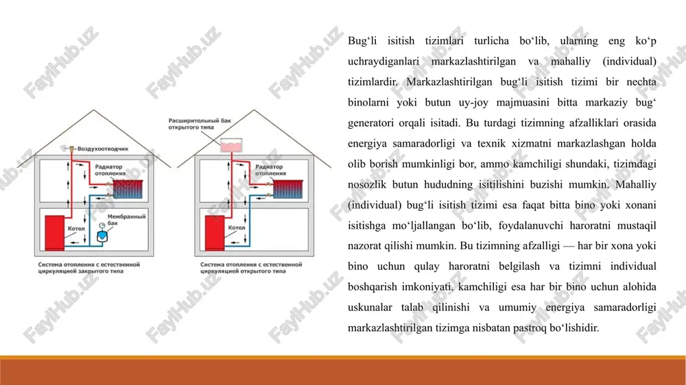 exnik xizmat ko‘rsatish tizimning xavfsiz va samarali ishlashini kafolatlaydi. bug‘li isitish tizimini montaj qilish jarayonida tajribali mutaxassislar tomonidan tavsiya qilingan usullarga amal qilish tizimning samarali va xavfsiz ishlashini ta’minlaydi. qurilish va montajda eng ko‘p uchraydigan xatoliklar orasida quvurlarni noto‘g‘ri ulash, radiatorlarni noto‘g‘ri joylashtirish va xavfsizlik qoidalarini buzish mavjud. ushbu xatoliklarni oldini olish orqali montaj sifati oshadi, tizim uzoq muddat muammosiz ishlaydi va energiya samaradorligi yuqori bo‘ladi. shu tarzda amaliy tavsiyalarni qo‘llash montaj jarayonini optimallashtiradi va tizimning ishlash muddatini uzaytiradi. xulosa bug‘li isitish tizimlarini to‘g‘ri montaj qilish energiya tejashni ta’minlaydi va binoning xavfsiz ishlashini kafolatlaydi. loyihaga qat’iy rioya qilish, sifatli material va uskunalarni tanlash tizimning samarali ishlashi va uzoq muddat xizmat qilishini ta’minlaydi. tizimning barqaror ishlashi muntazam texnik xizmat va tekshiruvga bog‘liq bo‘lib, radiatorlar, quvurlar va bug‘ generatorining holatini doimiy nazorat qilish orqali tizim samaradorligi va xavfsizligini oshirish mumkin. shu tarzda to‘g‘ri montaj va texnik xizmat ko‘rsatish bug‘li isitish tizimining uzoq …