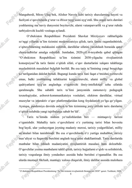 mishni bilish vositasi, balki zamonaviy fuqarolik jamiyatining madaniy poydevori sifatida ham ahamiyatga ega. bundan tashqari, o‘qituvchilarning kasbiy malakasini oshirish, metodik tayyorgarligini takomillashtirish, yangi pedagogik texnologiyalarni egallashga doir chora-tadbirlar amalga oshirilmoqda. har yili o‘tkaziladigan “yilning eng yaxshi tarix fani o‘qituvchisi” tanlovlari, ilmiy-amaliy konferensiyalar, seminar-treninglar bu sohaning uzluksiz rivojlanishiga xizmat qilmoqda. mazkur kurs ishining dolzarbligi shundaki, u mustaqillik davrida tarix ta’limining o‘ziga xos rivojlanish jarayonlarini tahlil qiladi, milliy ta’lim siyosati bilan bog‘liq o‘zgarishlarni ilmiy nuqtai nazardan yoritadi va zamonaviy o‘qitish metodlarini amaliy misollar asosida asoslab beradi. tadqiqotda tarix ta’limining nazariy asoslari, tarixiy xotira va milliy identitetni shakllantirishdagi roli, shuningdek, pedagogik texnologiyalarni qo‘llashning samaradorligi keng yoritiladi. mustaqil o‘zbekiston sharoitida tarix ta’limining hususiyatlarini o‘rganish — nafaqat ta’lim tizimidagi islohotlarni, balki jamiyatning ma’naviy-ma’rifiy yangilanish jarayonlarini tahlil qilish imkonini beradi. tarix ta’limi yosh avlodni o‘z xalqining o‘tmishini bilishga, undan saboq olishga, kelajakka ishonch bilan qarashga o‘rgatadi. shu sababli mazkur kurs ishi milliy g‘oya, ma’naviyat va ta’limning …