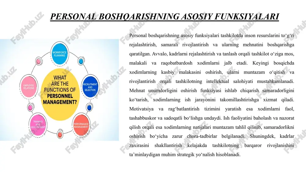 nmoqda. xulosa personal boshqaruvi strategik boshqaruv tizimining ajralmas va muhim tarkibiy qismidir. tashkilotning uzoq muddatli muvaffaqiyati, raqobatbardoshligi va barqaror rivojlanishi ko‘p jihatdan xodimlar bilan ishlash siyosatiga bog‘liq. to‘g‘ri yo‘lga qo‘yilgan personal boshqaruvi inson kapitalidan samarali foydalanish, malakali va motivatsiyaga ega jamoani shakllantirish imkonini beradi. zamonaviy sharoitda xodimlar eng muhim resurs sifatida qaralmoqda, shu sababli ularni tanlash, rivojlantirish va rag‘batlantirishda tizimli hamda innovatsion yondashuv zarur. o‘zbekiston misolida ham kadrlar siyosatini modernizatsiya qilish va hr tizimini takomillashtirish strategik rivojlanishning ustuvor yo‘nalishlaridan biri sifatida qaralmoqda. foydalanilgan adabiyotlar abdurahmonov q. x., menejment asoslari. – toshkent: iqtisodiyot, 2019. jo‘rayev a., kadrlar siyosati va boshqaruvi. – toshkent: iqtisodiyot va huquq dunyosi, 2020. mamatov m., inson resurslarini boshqarish. – toshkent: tdiu nashriyoti, 2021. karimov a., strategik menejment. – toshkent: fan va texnologiya, 2018. o‘zbekiston respublikasi mehnat kodeksi. – toshkent, 2023. o‘zbekiston respublikasi prezidentining “davlat fuqarolik xizmati tizimini isloh qilish to‘g‘risida”gi pq–5843-sonli qarori, 2020-yil 3-oktabr. normatov b., zamonaviy …