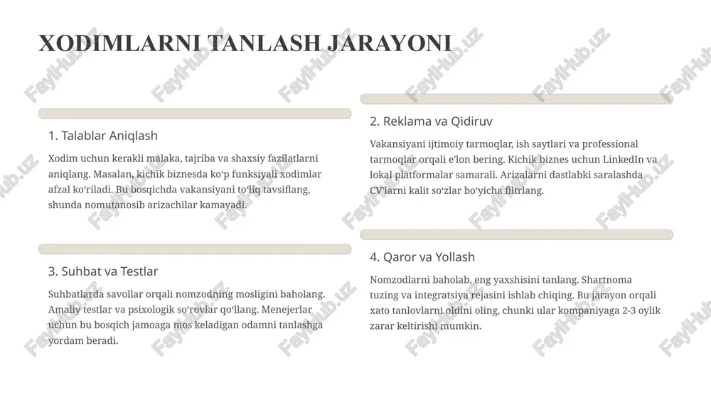 dagi boshqaruv hr analitikasi xodimlar faoliyatini bashorat qiladi. menejerlar uchun bu vosita resurslarni optimallashtirishga yordam beradi, masalan, ai orqali oqib chiqishni oldindan koʻrish. zamonaviy personalniy boshqaruv texnologiyalar va yangi yondashuvlarga asoslanadi. pandemiyadan keyin uzoqdan ishlash keng tarqaldi, bu kichik biznes egalariga yangi imkoniyatlar ochadi. xilma-xillik esa tashkilot madaniyatini boyitadi va kreativlikni oshiradi. ma'lumotlar analitikasi orqali qarorlar aniqroq boʻladi. ushbu tendentsiyalarni qoʻllash orqali siz raqobat ustunligini saqlaysiz. masalan, google kabi kompaniyalar inkluziyaga investitsiya qilib, muvaffaqiyatga erishgan. oʻzbekiston sharoitida bu tendentsiyalarni mahalliy qonunchilikka moslashtirish muhim. keling, ularni amaliyotda qoʻllaylik va natijalarni koʻraylik. 9 xulosa personalniy boshqaruv — bu tashkilotning eng muhim resursi bo‘lgan inson omilini samarali boshqarishga qaratilgan tizimli jarayondir. u xodimlarni tanlash, joylashtirish, rag‘batlantirish, malakasini oshirish, mehnat samaradorligini nazorat qilish va ularning kasbiy rivojlanishini ta’minlashga xizmat qiladi. zamonaviy sharoitda personalni boshqarish nafaqat ma’muriy jarayon sifatida, balki strategik boshqaruvning ajralmas qismi sifatida qaraladi. xodimlarning salohiyati, motivatsiyasi va tashabbuskorligi tashkilotning raqobatbardoshligini oshirishda hal …