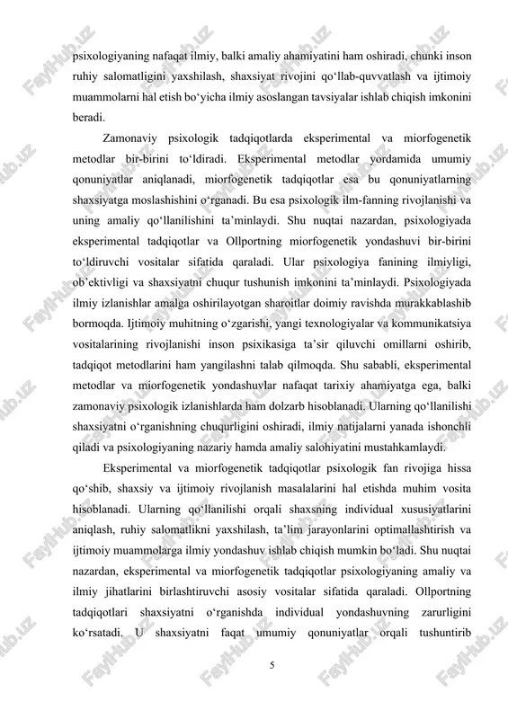 ar metodologiyasini yanada mukammallashtirish, shaxsiyatni chuqur o‘rganish va individual farqlarni hisobga olgan holda tavsiyalar ishlab chiqishga imkon yaratadi. kurs ishining maqsadi. psixologiyada eksperimental metodlar va eksperimental paradigmalar, shuningdek, g. ollportning miorfogenetik tadqiqotlari orqali shaxsiyatni o‘rganishning ilmiy yondashuvlarini tahlil qilish, ularning nazariy va amaliy ahamiyatini aniqlash, shaxsiyatni individual jihatdan tushunishning samarali metodlarini o‘rganishdan iborat. kurs ishining vazifalari: · psixologiyada eksperimental metodlar va ularning ilmiy tadqiqotlardagi o‘rnini tahlil qilish. · eksperimental paradigmalarning turlari va ularning psixologiyada qo‘llanilishini o‘rganish. · g. ollportning miorfogenetik tadqiqotlari va shaxsiyatni o‘rganishdagi yondashuvlarini tahlil qilish. · eksperimental va miorfogenetik yondashuvlarning psixologik nazariyalar va amaliy tadqiqotlarga ta’sirini aniqlash. · shaxsiyatni individual jihatdan o‘rganishning samarali metodlarini ishlab chiqish va tavsiyalar berish. kurs ishining obyekti. psixologik tadqiqotlarda eksperimental metodlar va miorfogenetik yondashuvlar orqali inson ruhiy jarayonlari va shaxsiyatning individual xususiyatlarini o‘rganishdir. kurs ishining predmeti. eksperimental paradigmalarning psixologik tadqiqotlardagi qo‘llanilishi va g. ollportning miorfogenetik tadqiqotlari orqali shaxsiyatni chuqur o‘rganish metodlari.bilim va mavjudlik …