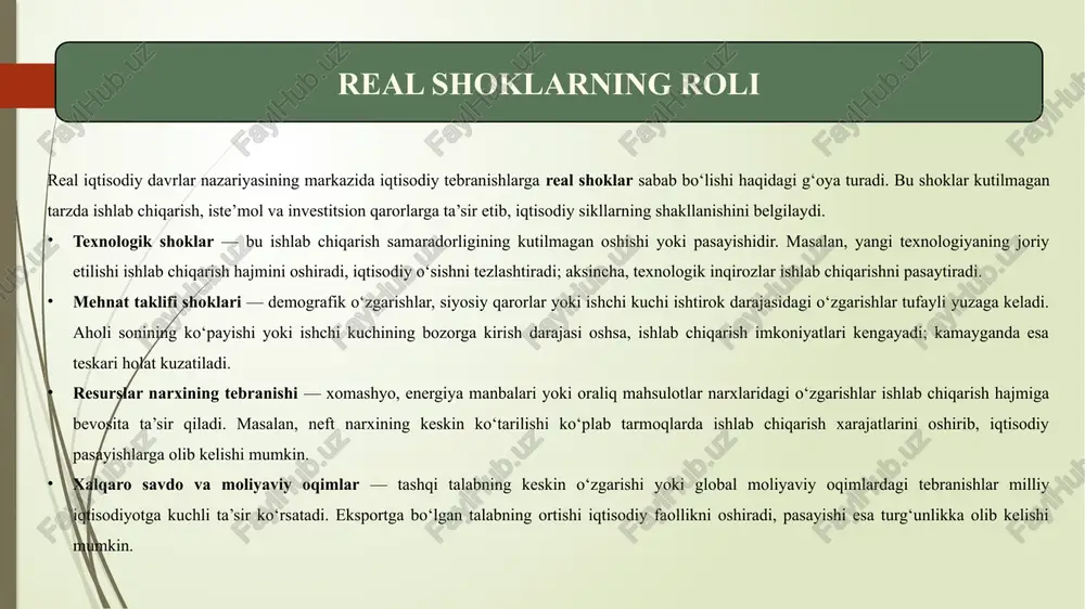 ‘zaro ta’sirini chuqur o‘rganish iqtisodiy qarorlarni samarali qabul qilish imkonini beradi. dinamik modellashtirish uchun zamonaviy iqtisodiy tahlil vositalaridan keng foydalanish — raqamli ma’lumotlar, iqtisodiy indikatorlar va optimallashtirish algoritmlari rbc nazariyasi asosida tadqiqotlarni yanada chuqurlashtirishga yordam beradi. xulosa real iqtisodiy davrlar nazariyasi iqtisodiy sikllarning tabiiy ravishda, asosan tashqi shoklar va ishlab chiqarish samaradorligi o‘zgarishlari natijasida yuzaga kelishini tushuntiradi. ushbu nazariya bozor mexanizmlariga katta ishonch bildiradi va davlatning faol aralashuvisiz iqtisodiyotning o‘z-o‘zini muvozanatga keltirishini asoslaydi. texnologik taraqqiyot, mehnat bozoridagi o‘zgarishlar va ishlab chiqarish samaradorligi iqtisodiy o‘sish va pasayish bosqichlarini shakllantiruvchi asosiy omillar hisoblanadi. rbc yondashuvi o‘zbekiston sharoitida iqtisodiy siyosatni shakllantirish, iqtisodiy modellashtirish va makroiqtisodiy qarorlarni qabul qilish jarayonlarida ilmiy asos sifatida samarali qo‘llanishi mumkin. shu orqali iqtisodiy sikllar oldindan prognoz qilinib, iqtisodiyot barqarorligini oshirishga hissa qo‘shiladi. foydalanilgan adabiyotlar kydland f., prescott e. (1982). “time to build and aggregate fluctuations.” econometrica.plosser c. (1989). “understanding real business cycles.” journal of economic perspectives. mankiw n. …