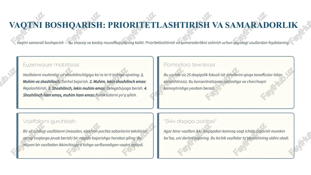 katda davom eting. ushbu strategiyalarni o'zlashtirish orqali siz o'zingizning potentsialingizni to'liq ro'yobga chiqarishingiz, stressni kamaytirishingiz va hayotingizdan ko'proq zavq olishingiz mumkin. o'zingizga sarmoya kiriting va muvaffaqiyatga erishing! 11 axmedov b. sh., jo‘rayev a. n. “strategik boshqaruv”. toshkent: tdiu nashriyoti, 2021. karimov m. s. “shaxsiy rivojlanish va boshqaruv strategiyalari”. toshkent: yangi asr avlodi, 2022. g‘ulomova d. “strategik menejment va shaxsiy boshqaruv yondashuvlari”. toshkent: innovatsion iqtisodiyot nashriyoti, 2023. qodirova n. “inson kapitali va shaxsiy strategik rejalashtirish”. toshkent: iqtisodiyot, 2023. tursunov b. o. “inson resurslarini boshqarish”. toshkent: fan va texnologiya, 2020. o‘zbekiston respublikasi prezidentining pf–6099-son farmoni, 2020-yil 29-oktabr. “raqobatbardosh inson kapitalini shakllantirish va shaxsiy rivojlanishni qo‘llab-quvvatlash chora-tadbirlari to‘g‘risida”. o‘zbekiston respublikasi vazirlar mahkamasining 2022-yil 15-martdagi qarori. “shaxsiy va kasbiy rivojlanishni rag‘batlantirish tizimini takomillashtirish to‘g‘risida”. tdiu strategik boshqaruv kafedrasi. “shaxsiy boshqaruv strategiyalari” fanidan o‘quv-uslubiy majmua. toshkent, 2023. jo‘rabekov i. “shaxsiy samaradorlik va boshqaruv texnologiyalari”. iqtisodiyot va menejment ilmiy jurnali, 2023. to‘rayev a. “strategik rejalashtirishda shaxsiy …