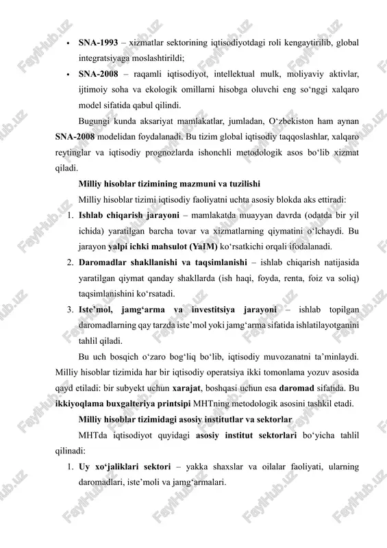 chiqarish, xizmat ko‘rsatish, savdo, transport va boshqa xo‘jalik yurituvchi subyektlar. 4. moliyaviy institutlar sektori – banklar, sug‘urta kompaniyalari, investitsiya fondlari. 5. tashqi sektor (rezident bo‘lmaganlar) – mamlakatning xalqaro iqtisodiy aloqalari, eksport, import, xorijiy investitsiyalar va transferlar. ushbu sektorlar o‘rtasidagi o‘zaro munosabatlar “ijtimoiy hisoblar matritsasi” (social accounting matrix) orqali ifodalanadi. bu matritsa iqtisodiyotning har bir bo‘g‘inida qiymat yaratish, uni taqsimlash va foydalanish jarayonlarini aniqlash imkonini beradi. milliy hisoblar tizimining maqsad va vazifalari milliy hisoblar tizimining asosiy maqsadi — mamlakatning iqtisodiy faoliyatini ob’yektiv, tizimli va xalqaro standartlarga mos tarzda o‘lchashdir. tizimning asosiy vazifalari quyidagilardan iborat: · mamlakat iqtisodiyotining hajmi va o‘sish sur’atlarini aniqlash; · ishlab chiqarish samaradorligini, sektorlar o‘rtasidagi nisbatlarni baholash; · aholi daromadlari va ularning taqsimlanish dinamikasini tahlil qilish; · investitsiya va jamg‘arma ko‘rsatkichlarini hisoblash; · tashqi iqtisodiy balans (eksport-import)ni aniqlash; · davlat moliyasi va byudjet siyosatining ta’sirini baholash. milliy hisoblar tizimi, shuningdek, iqtisodiy siyosatni shakllantirishda, fiskal va monetar siyosat choralarini …