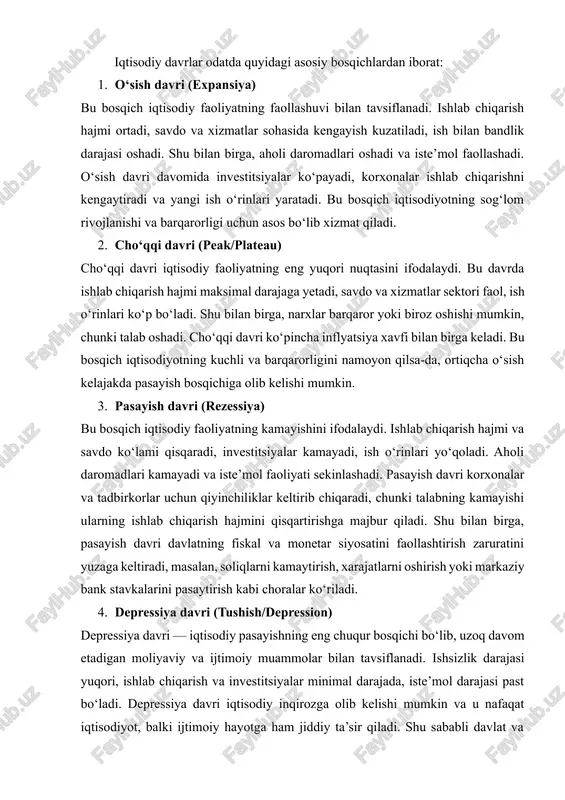 davrlar turli mezonlarga ko‘ra tasniflanadi. ularni asosan sikliklik davri, intensivlik va davomiyligi bo‘yicha ajratish mumkin: 1. qisqa sikllar (kitchin sikllari) – 3–5 yil davom etadi, asosan xomashyo narxlari, ishlab chiqarish zaxiralari va kichik investitsiyalar bilan bog‘liq bo‘ladi. 2. o‘rta sikllar (juglar sikllari) – 7–11 yil davom etadi, investitsiyalar va korporativ qarorlar bilan bog‘liq bo‘ladi, iqtisodiy o‘sish va pasayishning aniqroq ko‘rinishini beradi. 3. uzoq sikllar (kondratyev to‘lqini) – 50–60 yil davom etadi, texnologik inqiloblar, ijtimoiy-iqtisodiy transformatsiyalar va global iqtisodiy jarayonlar bilan bog‘liq bo‘ladi. shuningdek, iqtisodiy davrlar mahalliy va global ko‘lamda ham farqlanadi. mahalliy davrlar mamlakat ichidagi iqtisodiy jarayonlar bilan bog‘liq bo‘lsa, global davrlar xalqaro savdo, moliya bozorlaridagi o‘zgarishlar va texnologik rivojlanish bilan belgilanadi. iqtisodiy tebranishlar va ularning sabablari iqtisodiy tebranishlar (yoki iqtisodiy sikllar) — iqtisodiy faoliyat darajasining vaqtinchalik o‘zgarishlari bo‘lib, ular quyidagi omillar natijasida yuzaga keladi: · ichki iqtisodiy omillar: ishlab chiqarish va iste’mol talabining o‘zgarishi, investitsiyalar hajmi, bank siyosati, ishchi …