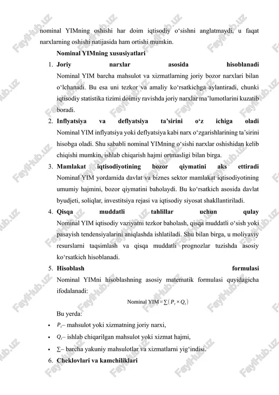 t tushunchasi va xususiyatlari real yim – bu ishlab chiqarilgan barcha yakuniy mahsulot va xizmatlarning qiymatini narxlar barqarorligi (asosiy baza davri) asosida hisoblaydigan ko‘rsatkichdir. real yalpi ichki mahsulot (yim) – bu mamlakat hududida ma’lum bir davr mobaynida ishlab chiqarilgan barcha yakuniy mahsulot va xizmatlarning qiymatini narxlar barqarorligi (asosiy baza davri narxlari) asosida ifodalovchi makroiqtisodiy ko‘rsatkichdir. real yim nominal yimdan farqli o‘laroq, inflyatsiya yoki deflyatsiya kabi narx o‘zgarishlarining ta’sirini hisobga olmaydi, shuning uchun u iqtisodiy o‘sish va ishlab chiqarish hajmini aniq baholash imkonini beradi. real yimning asosiy maqsadi – mamlakat iqtisodiyotining haqiqiy ishlab chiqarish quvvatini aks ettirish. bu ko‘rsatkich iqtisodiy siyosatni shakllantirish, investitsiya rejalarini ishlab chiqish va uzoq muddatli iqtisodiy tahlil uchun zarurdir. nominal yim o‘sishi inflyatsiyadan kelib chiqishi mumkin bo‘lsa, real yim mamlakat iqtisodiyotining haqiqiy o‘sishini aks ettiradi. shu sababli iqtisodiy tahlilchilar va makroiqtisodiy mutaxassislar asosan real yimga tayanadilar. real yimning xususiyatlari 1. narxlar barqarorligiga asoslangan o‘lchov real yim hisoblashda …