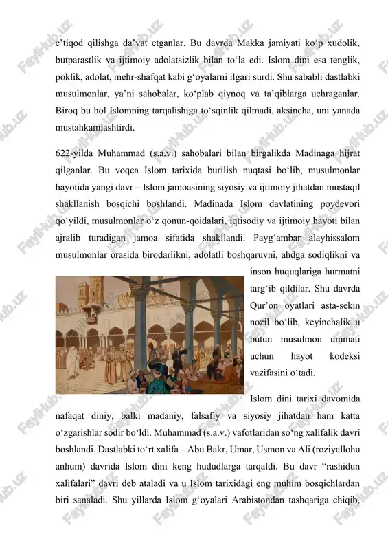 di. arablar bosib olgan yerlarda soliq tizimi adolatli tarzda joriy etilgan, mahalliy aholining diniy e’tiqodlariga darhol tazyiq o‘tkazilmagan, balki asta-sekinlik bilan islomiy qadriyatlar singdirilgan. shuningdek, islom dini insonni to‘g‘rilikka, poklikka, adolatga, ilmga chaqiruvchi g‘oyalari bilan bu hudud xalqlarining qalbidan joy ola boshladi. ayniqsa, qur’onning adolat, mehr-oqibat, birodarlik, inson huquqlarini himoya qilish kabi tamoyillari markaziy osiyo xalqlarining mentalitetiga yaqin bo‘lgani uchun islom dini bu yerda tezda ildiz otgan. yana bir muhim omil – savdo yo‘llarining o‘tganligi edi. buyuk ipak yo‘li orqali sharq va g‘arbni bog‘lab turgan markaziy osiyo hududi qadimdan xalqaro savdo markazi bo‘lgan. arab savdogarlari va sayyohlari savdo-sotiq jarayonida islom dinini targ‘ib qilib, mahalliy aholiga yangi diniy qadriyatlarni tanishtirganlar. shuningdek, islomiy axloq me’yorlari savdoda halollik, so‘zga sodiqlik, o‘lchov va tortuvdagi adolatni talab qilgani sababli, u iqtisodiy hayotda ham o‘zining ijobiy ta’sirini ko‘rsatgan. shu orqali islom dini xalq orasida nafaqat diniy e’tiqod, balki kundalik hayot me’yoriga ham aylangan. islomning markaziy osiyoda …