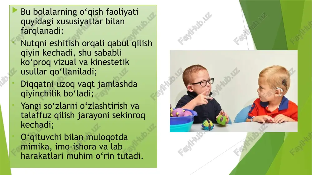 imkonini beradi. xulosa zaif eshituvchi bolalar ta’limi – bu sabr, e’tibor va mehr talab qiluvchi jarayon. o‘qitish metodlarini to‘g‘ri tanlash, o‘quvchi shaxsiga individual yondashish, zamonaviy texnologiyalarni qo‘llash orqali bunday bolalar ham jamiyatda o‘z o‘rnini topa oladilar. o‘qituvchi, logoped, psixolog va ota-onalar o‘rtasidagi hamkorlik ta’lim jarayonining muvaffaqiyat garovidir. har bir bola, eshitish imkoniyati cheklangan bo‘lsa-da, to‘g‘ri yondashuv orqali bilimli, ijtimoiy faol va baxtli inson bo‘lib yetishishi mumkin. foydalanilgan adabiyotlar ro’yxati xodjayeva d. “korreksion pedagogika”. – toshkent: tdpu nashriyoti, 2020. abdullayeva g. “surdopedagogika asoslari”. – samarqand, 2019. karimova v. “defektologiya asoslari”. – toshkent: o‘qituvchi, 2018. o‘zbekiston respublikasi “ta’lim to‘g‘risida”gi qonuni. – toshkent, 2021. unesco inclusive education guidelines, 2022. internet manbalari: www.edu.uz image1.jpeg image2.jpeg image3.jpeg image4.jpeg image5.jpeg image6.jpeg image7.jpeg image8.jpeg image9.jpeg image10.jpeg image11.jpeg image12.jpeg /docprops/thumbnail.jpeg