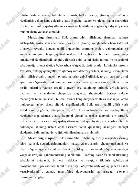 o‘p qahramonlarga ega va voqealarni ketma-ketlik bilan yoritishda turli hikoya vositalaridan foydalanadi. epik janrning asosiy xususiyatlaridan biri uning keng qamrovligi va voqelikni turli jihatlari bilan yoritishidir. bu janrda voqealar ko‘pincha tarixiy, ijtimoiy yoki madaniy kontekstga bog‘langan bo‘lib, qahramonlarning hayot yo‘li orqali butun bir davr yoki jamiyat holati tasvirlanadi. epik janrga mansub asarlarda odatda asosiy qahramonlar bilan birga yordamchi va qarama-qarshi qahramonlar ham mavjud bo‘lib, ular orqali syujet yanada boyitiladi va dramatiklik hissi oshiriladi.[footnoteref:2] [2: abdurahmonov sh., “o‘zbek epik adabiyoti: tarixi va rivoji”, toshkent, 2015.] epik janr voqealarni faqat tashqi hodisalar orqali emas, balki qahramonlarning ruhiy kechinmalari, qarorlarining sabab va natijalari orqali ham yoritadi, bu esa o‘quvchiga inson tabiati va uning ijtimoiy muhit bilan munosabatini tushunishga yordam beradi. epik janrning yana bir xususiyati uning kompozitsion murakkabligidadir; asar ko‘pincha bo‘limlar, lavhalar yoki boblar orqali tashkil etiladi va har bir bo‘lim syujetni rivojlantirishda muhim rol o‘ynaydi. til va uslub jihatidan epik janrda tasviriy …