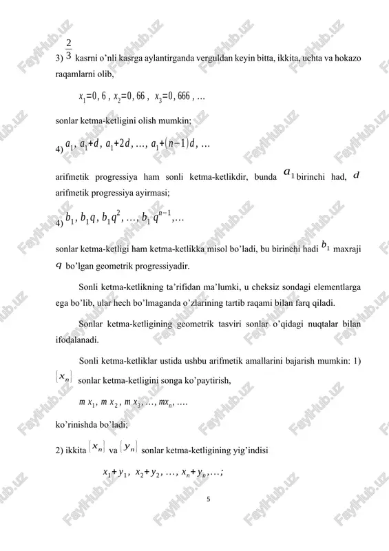 ). cheksiz kichik ketma-ketliklar quyidagi xossalarga ega. 2-teorema. ikkita cheksiz kichik ketma-ketliklarning algebraik yig’indisi yana cheksiz kichik ketma-ketlik bo’ladi. isbot. va cheksiz kichik ketma-ketliklar bo’lsin. bu cheksiz kichik ketmk-ketliklar uchun, istalgan son uchun raqam topiladiki, lar uchun, tengsizlik, raqam topiladiki, lar uchun tengsizliklar bajariladi. desak, lar uchun birdaniga , tengsizliklar bajariladi. shunday qilib, bњladi. bu ketma-ketlikning cheksiz kichik ekanligini bildiradi. natija. istalgan chekli sondagi cheksiz kichiklarning algebraik yig’indisi yana cheksiz kichik ketma-ketlikdir. 3-teorema. ikkita cheksiz kichik ketma-ketlikning ko’paytmasi, cheksiz kichik ketma-ketlik bo’ladi. isbot. va lar cheksiz kichik ketma-ketliklar bo’lsin. ketma-ketlikning cheksiz kichikligini isbotlash talab etiladi. cheksiz kichik bo’lganligi uchun, istalgan son uchun shunday raqam topiladiki, lar uchun cheksiz kichik ketma-ketlik bo’lganligi uchun uchun shunday topiladiki lar uchun bajariladi. deb olsak, lar uchun ikkala tengsizlik ham bajarilib, bo’ladi. bu ketma-ketlikning cheksiz kichikligini bildiradi. natija. istalgan sondagi cheksiz kichiklarning ko’paytmasi yana cheksiz kichik bo’ladi. eslatma. ikkita cheksiz kichiklarning nisbati cheksiz kichik bo’lmasligi …
