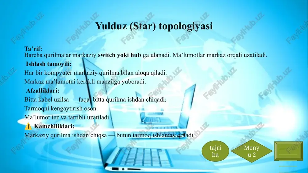 a-88-4b-1c-2a ff:ff:ff:ff:ff:ff mac manzil turlari va ularning ishlash mexanizmi turi tavsifi misol unicast bitta qurilmaga yuboriladi. bu eng ko‘p ishlatiladigan turi. 00:1a:2b:3c:4d:5e multicast bir nechta qurilmalarga yuboriladi, lekin hammasiga emas. 01:00:5e:00:00:fb broadcast tarmoqdagi barcha qurilmalarga yuboriladi. ff:ff:ff:ff:ff:ff 📌 misol (broadcast): agar siz ping 192.168.1.255 buyrug‘ini bersangiz, paketlar barcha qurilmalarga yuboriladi va ularning barchasi javob beradi. 📌 misol (unicast): siz printerga fayl yuborsangiz, u faqat printerning mac manziliga boradi, boshqa qurilmalar e’tibor bermaydi. menyu2 menyu 🌍 mac manzil bilan ip manzil o‘rtasidagi farq taqqoslash mezoni mac manzil ip manzil qatlam (osi) 2-qatlam (kanal) 3-qatlam (tarmoq) belgilanadi ishlab chiqaruvchi administrator yoki dhcp uzunligi 48 bit ipv4 – 32 bit, ipv6 – 128 bit o‘zgaradimi? yo‘q (doimiy) ha (dinamik bo‘lishi mumkin) misol 00:1a:2b:3c:4d:5e 192.168.1.10 menyu menyu2 ethernet kadr tuzilmasi (ieee 802.3 standarti) bo‘lim nomi hajmi (bayt) tavsifi preambula 7 qurilmalarni sinxronlashtiradi sfd (start frame delimiter) 1 kadr boshlanishini bildiradi destination address 6 qabul …
