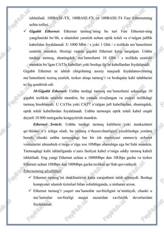 et va simsiz ethernetning so‘nggi versiyasi ma’lumotlarni 1-100 gbit / s tezlikda uzatishi mumkin. ethernet ning kamchiliklari · bu deterministik xizmatga muhtoj; shuning uchun u real vaqtda ilovalar uchun eng yaxshisi hisoblanmaydi. · simli ethernet sizni masofalar bo‘yicha cheklaydi va eng yaxshi qisqa masofalarda ishlatiladi. · agar siz kabellar, markazlar, kalitlar, marshrutizatorlarni talab qiladigan simli ethernet tarmog’ini qurayotgan bo‘lsangiz, ular o‘rnatish narxini oshiradi. · interaktiv dasturda ma’lumotlar tezda uzatilishi kerak, chunki ma’lumotlar juda kam. · ethernet tarmog’ida paket qabul qilingandan so‘ng qabul qiluvchi tomonidan tasdiqnoma yuborilmaydi. · agar siz simsiz ethernet tarmog’ini o‘rnatishni rejalashtirmoqchi bo‘lsangiz, tarmoq tajribasiga ega bo‘lmasangiz, bu qiyin bo‘lishi mumkin. · simli ethernet tarmog’i bilan solishtirganda, simsiz tarmoq xavfsizroq emas. · to‘liq dupleks uzatish rejimi 100base-t4 versiyasida qo‘llab-quvvatlanmaydi. · bunga qo‘shimcha ravishda, ethernet tarmog’ida muammoni topish juda qiyin (agar mavjud bo‘lsa), chunki qaysi tugun yoki kabel muammoni keltirib chiqarayotganini aniqlash oson emas. ethernet standartlari turli ethernet standartlari …