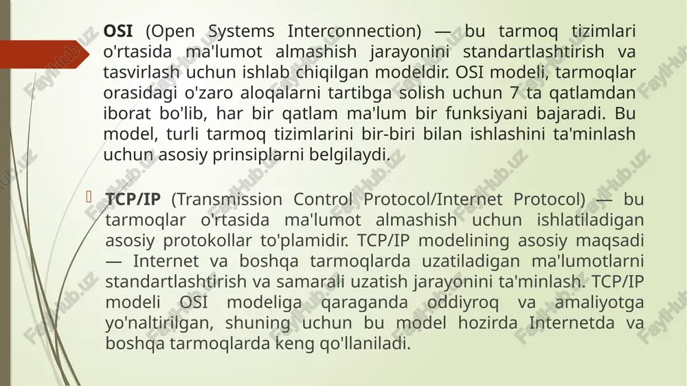 shlarga uchradi. mobil tarmoqlar, 4g, 5g va iot (internet of things) texnologiyalari rivojlandi, shuningdek, bulutli hisoblash va katta ma'lumotlar (big data) tarmoqni yanada kuchaytirdi. shu tarzda, tarmoq texnologiyalari va internet bugungi kunga kelib katta o'zgarishlarni boshdan kechirdi va turli sohalarda keng qo'llanilmoqda. etiboringiz uchun rahmat image1.png /docprops/thumbnail.jpeg