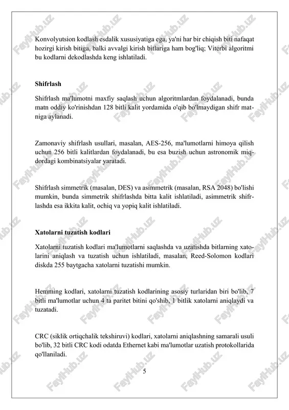 ib, ribosomalar mrnk ketma-ketligini bitta boshlang'ich nuqtadan boshlab bitta o'qish ramkasida 3 ta nukleotidli kodonlarda o'qiydi. neyron kodlash neyron kodlash – bu nerv tizimi ma'lumotni qanday ifodalashi, masalan, 100 ms ichida o'zgaruvchan o'q otish tezligi orqali sensor stimullari yoki motor buyruqlarini kodlashni o'z ichiga oladi. populatsiya kodlashi ko'plab neyronlarning faollik naqshlaridan foydalanadi, bu esa hatto individual neyronlar unchalik aniq bo'lmasa ham, nozik diskriminatsiyani ta'minlaydi, masalan, 50 ta neyronda yo'nalishni kodlash. seyrek kodlash faqat bir nechta neyronning faolligi bilan xarakterlanadi, bu esa energiya tejamkor va xotira samarali bo'lishi mumkin, 2-3% neyronlarning aktivatsiyasi orqali ma'lumotni ifodalash. xulosa axborot kodlash mexanizmlari ma'lumotlarni samarali uzatish va saqlash imkoniyatini beradi, xatolarni aniqlash va tuzatish orqali ishonchlilikni ta'minlaydi. foydalanilgan adabiyotlar 1. shannon, c. e. (1948). aloqa matematik nazariyasi. bell system technical journal, 27(3), 379-423 va 27(4), 623-656. 2. hamming, r. w. (1950). xatoliklarni aniqlash va tuzatish kodlari. bell system technical journal, 29(2), 147-160. 3. cover, t. …