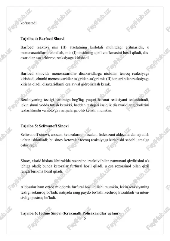 ining mavjudligini isbotlaydi. reaksiyalarda hosil bo'lgan ranglarning intensivligi monosaxaridlarda polisaxaridlarga nisbatan 0.05 dan 0.1 m gacha yuqori bo'lishi mumkin, chunki zanjir qisqaroq. yuqori haroratlarda (taxminan 90-100°c) kraxmal kabi polisaxaridlar parchalanib, monosaxaridlarga aylanadi, bu esa keyingi tajribalarda 0.2 gacha o'zgarishlarni keltirib chiqaradi. xulosa monosaxaridlar va polisaxaridlar uchun xarakterli tajribalar ularning kimyoviy tuzilishi va reaksiyaga kirishish xususiyatlarini aniqlashda muhim ahamiyatga ega. foydalanilgan adabiyotlar 1. bell, d. j. (1959). polisaxaridlarning tuzilishini aniqlash usullari. metodologiyaning davriy tahlili, 14, 69-104. 2. xodjes, n. a., va rul, a. (1989). polisaxaridlarni tahlil qilish. springer. 3. makkri, k. j., va vilyams, s. a. (2006). qandlar va uglevodlarning tahlili 2