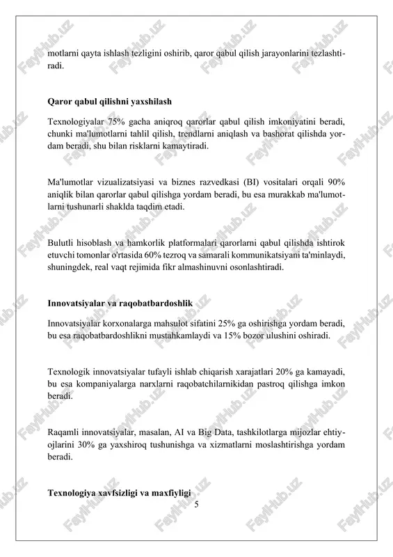 odimlarni xavfsizlik bo'yicha o'qitishni ta'minlash. xulosa va kelajak istiqbollari texnologiyaning rivojlanishi tashkilotlarga 30% gacha samaradorlikni oshirishga imkon beradi, shuningdek, raqamli transformatsiyaga investitsiyalar 2025 yilga kelib katta foyda keltirishi kutilmoqda. kelajakda ai va avtomatlashtirish ko'proq vazifalarni bajaradi, bu esa xodimlarga 45% gacha strategik va ijodiy vazifalarga e'tibor qaratishga imkon beradi. bulutli texnologiyalar va ma'lumotlar tahlili 2024-2027 yillarda tashkilotlarga operatsiyalarni optimallashtirish va xarajatlarni kamaytirish orqali 25% gacha daromadni oshirishga yordam beradi. xulosa texnologiya tashkilot faoliyatiga sezilarli ta'sir ko'rsatadi, samaradorlikni oshiradi, innovatsiyalarni rag'batlantiradi va moslashuvchanlikni talab qiladi. foydalanilgan adabiyotlar 1. zuboff, sh. (1988). axborot asri: aqlli mashinalar ta'sirida ishning kelajagi. basic books. 2. brynjolfsson, e., mcafee, a. (2014). ikkinchi mashina asri: texnologiya bizning farovonligimizni qanday yaxshilaydi. w. w. norton company. 3. orlikowski, w. j. (1992) 2