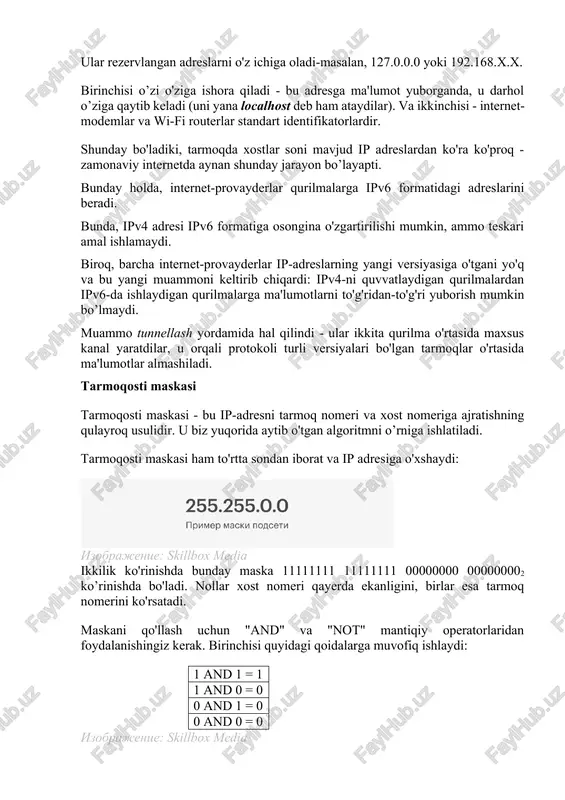 beriladi. masalan, macbook-da tarmoqosti maskasini "tarmoq" → "qo’shimcha sozlamalar" bo'limida ko'rish mumkin: biz 0.0.0.34 adresini oldik. bu komputer egasi nomeridir. endi, tarmoqostining maskasini qanday tanlash mumkin skrinshot: skillbox media maska tarmoq nomeri o'z ichiga necha bitni olganligini ko'rsatadi. masalan, katta hajmli tarmoq uchun nomer faqat birinchi son (8 bit) bo'ladi, maska esa sakkizta bir va 24 noldan iborat bo'ladi: 255.0.0.0. agar ip-adres kichik hajmli tarmoqqa tegishli bo'lsa, undagi dastlabki uchta son tarmoq nomerini ifodalaydi. shunday qilib, maska shunday ko'rinadi bo’ladi: 255.255.255.0. bundan tashqari, bir oz noodatiy tarmoqosti maskalari mavjud - masalan, 255.255.254.0. shuningdek, ular ham tarmoq nomeriga qancha bit ishlatilganligini anglatadi. faqat bu holatda ular 23 ta bo'ladi - birinchi ikkita sonda 8 ta va uchinchi sonda 7 ta. qolgan bitlar xost nomeriga tegishli bo'ladi. tarmoqosti maskalari yana qanday ishlatiladi? xost va tarmoq nomerlarini ajratish qulay, ammo bu maskalardan foydalanishning eng qiziqarli qismi emas. ularning asosiy maqsadi - katta tarmoqlarni …