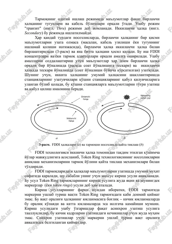 lish vazifasini faol monitor o'z zimmasiga oladi.. token ring halqasining maksimal uzunligi 4000 metrgacha bo'lib, bu cheklov asosan markerning halqa atrofida aylanish vaqtiga bog'liq (cheklovlarni belgilaydigan boshqa mulohazalar ham mavjud). shunday qilib, agar tarmokda 260 ta stantsiya mavjud bo'lsa va markerni ushlab turish vaqti 10 ms bo'lsa, marker faol monitorga eng ko'pi bilan 2,6 soniyadan keyin qaytib keladi. fddi texnologiyasi fddi (ingl. fiber distributed data interface – optik tolali taqsimlangan berilganlar interfeysi) texnologiyasi – uzatish muhiti optik-tolali kabel bo'lgan birinchi mahalliy tarmoq texnologiyasidir. fddi texnologiyasi ko'p jixatdan token ring texnologiyasiga asoslangan bo'lib, uning asosiy g'oyalarida ishlab chiqilgan va takomillashtirilgan. fddi tarmog'i ikkita optik tolali halqa asosida quriladi, ular tarmoq tugunlari orasidagi ma'lumotlarni uzatishning asosiy va zaxira yo'llarini tashkil etadi. ikkita halqaga ega bo'lish – fddi tarmog'idagi xatolarga bardoshligini oshirishning asosiy usuli hisoblanadi va buning uchun tugunlar ikkala halqaga ham ulanishi kerak. tarmoqning odatiy ishlash rejimida ma'lumotlar faqat birlamchi halqaning tugunlari …