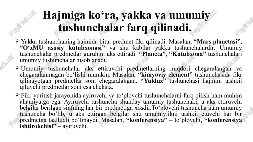 bilan uning xususiyati, predmetlar oʻrtasidagi munosabatlarni koʻrsatishdir. hukmlar tilda gaplar orqali ifodalanadi. hukm mantiqiy kategoriya boʻlsa, gap grammatik kategoriyadir. hukmlar asosan darak gap orqali ifodalanadi. ana shuning uchun ham u doimo tasdiq yoki inkor shakldagi fikrdan iborat boʻladi. hukmlar tushunchalarning bogʻlanish usulidir masalan, “sharipov−1-kurs talabasi” hukmida “sharipov” va “1-kurs talabasi” tushunchalarini bogʻlab, aniq shaxs va uning belgisi oʻrtasidagi bogʻliqlikni aniqlayapmiz. “ali - valining akasi” hukmida ikki shaxs oʻrtasidagi qarindoshlik munosabatlari aks ettirilmoqda. hukmlar voqelikka mos kelish darajasiga koʻra chin, xato va noaniq (ehtimol, taxminiy) boʻladi. obyektiv voqelikka mos kelgan, uni toʻgʻri ifodalagan hukmlar chin, mos kelmaganlari xato boʻladi. ayni vaqtda chinligini ham, xatoligini ham aniqlab boʻlmaydigan hukmlar – noaniq hukmlardir. subyekt va predikat, bogʻlovchi predmet va uning belgisi oʻrtasidagi bogʻliqlik toʻgʻrisidagi hukm 2 tushuncha - hukm terminlari subyekt s (lot. subjektum) va predikat p (lot. rredicatum)dan tashkil topadi. subyekt - fikrimiz qaratilgan predmetni, predikat esa fikrimiz qaratilgan predmetning belgisini aks …