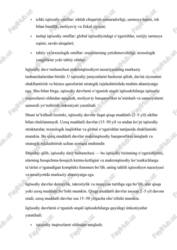 a ishlab chiqarishni yanada rag‘batlantiradi. · sarmoya va investitsiya faoliyati: korxonalar yangi texnologiyalar va uskunalarga sarmoya kiritadi, iqtisodiyotning uzoq muddatli rivojlanishiga turtki bo‘ladi. · moliyaviy barqarorlik: banklar kredit faoliyatini kengaytiradi, moliyaviy tizim barqaror ishlaydi. rivojlanish bosqichi iqtisodiyotning “hayotiy kuchini” aks ettiradi va mamlakatning resurslardan samarali foydalanish darajasini oshiradi. shu bilan birga, bu bosqichda inflyatsiya xavfi kamroq bo‘lishi mumkin, chunki talab va taklif o‘rtasidagi muvozanat saqlanadi. rivojlanish bosqichi iqtisodiy davrning eng muhim va barqaror davri hisoblanadi. bu bosqichda iqtisodiyot kengayadi, ishlab chiqarish hajmi ortadi, ish bilan bandlik darajasi oshadi va jami ichki mahsulot (jim) o‘sadi. rivojlanish bosqichi iqtisodiyotning “o‘sish fazasi” deb ham ataladi, chunki u mamlakatning moliyaviy va ishlab chiqarish salohiyatini maksimal darajada ishga solishga imkon yaratadi. rivojlanish bosqichining asosiy xususiyatlari: 1. ishlab chiqarishning kengayishi va samaradorlikning oshishi ushbu davrda ishlab chiqarish hajmi sezilarli darajada oshadi. sanoat korxonalari yangi texnologiyalarni joriy etadi, qishloq xo‘jaligi hosildorligi ortadi va xizmat ko‘rsatish sohasi rivojlanadi. …
