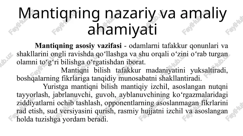 mulohazalar bayon qilinganda, buyum va hodisalarning sinfi haqida tasdiqlab bayon qilingan mulohaza bilan shu sinf buyum va hodisalarining bir qismi haqida inkor etib bayon qilingan mulohazalardan biri chin, ikkinchisi xato, uchinchisiga oʻrin boʻlmaydi. masalan: hamma faylasuflar tabiyotshunosdir. baʼzi faylasuflar tabiyotshunos emas. alohida olingan yakka buyumga nisbatan son va sifatiga koʻra uchinchisi mustasno qonuni bilish subyekti oldiga quyidagi talablarni qo‘yadi: 1-talab. a va a emas muqobil bo‘lishi va ulardan birini chinlik belgisi bo‘yicha tanlash kerak. 2-talab. o‘zaro bir-birini inkor etuvchi mulohazalardan boshqa muqobil (masalan, qarama-qarshilik munosabatidagi mulohazalar) bo‘lishi kerak emas. 3-talab. muqobillik chinning xatoga qarama-qarshi qo‘yilishida namoyon bo‘ladi va u mazkur sifatida bilishning universal mantiqiy usuli hisoblanadi. uchinchisi istisno qonuni tushunchalar oʻrtasidagi zid munosabatlarni ifodalaydi. agarda zid munosabatlar tushunchaning to’liq mazmunini qarab olmasa, ikki zid belgidan boshqa belgilarning ham mavjudligi maʼlum boʻlsa, unda uchinchisi istisno qonuni amal qilmaydi. yetarli asos qonuni har bir predmet va hodisaning real asosi boʻlgani kabi, ularning …