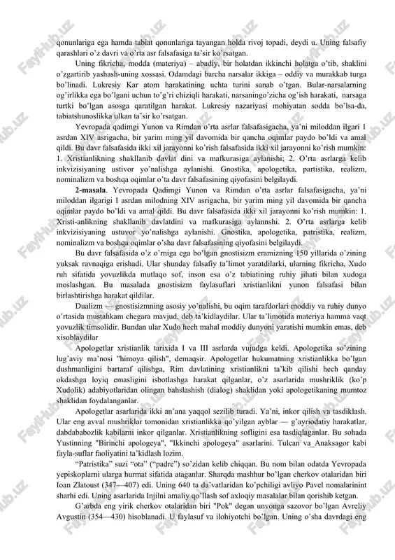 iyatdagi o’rni va maqsadi hamda adolatli ijtimoiy tuzim muammosi turadi. falsafa ezgulik va yovuzlikni aglav olishda odamlarga yordam berishi kerak deb xisoblaydi. u axloqsizlik amalda haqiqatni bilmaslik natijasidir,degan xulosaga kelgan.suqrotning shogirdi aflotin (yer.av.428-347-yillar jahon falsaafaasi tarixida o’chmass iz qoldirgan buyuk allomadir. aflotin falsafasi g’oya asosida g’oyalar to’g’risidagi ta’limot yotadi. aflotun narsalarining dastlabki asosini g’oya tashkil qiladi, sezgilar orqali qabul qilinadigan narsalar esa, g’oyalar dunyosining soyasidir, deb ta’lim beradi. aflotun bir-biridan ajralgan ikki dunyo g’oyalari va narsalar dunyosi bor, odamlar ham narsalar dunyosida yashaydilar,deb ta’lim beradi. aflotun fikricha,g’oyalar, doimiy, o’zgarmaydi, real borliqqa ega; sezgiorganlarimizda ifodalangan narsalar esa paydo bo’lib yo’qolib turishlari tufayli doimiy o’zgaruvchan emasdirlar. uning fikricha,yeng oliy g’oya-bu xudo to’g’risidagi g’oya. aflotuning bu fikirlari idealizm bilan din o’rtasidagi bog’lanishning yaqqol ifodasidir. uning aytishicha, sezgi organlarimiz orqali olingan g’oyalar dunyosi to’g’risidagi bilimgina haqiqiy bilim bo’la oladi. aflotun o’zining bilish nazariyasi asosiga doimiy g’oyalar va o’tkinchi narsalar dunyosini qo’yishi tufayli, bilim-g’oyalar orqali, …