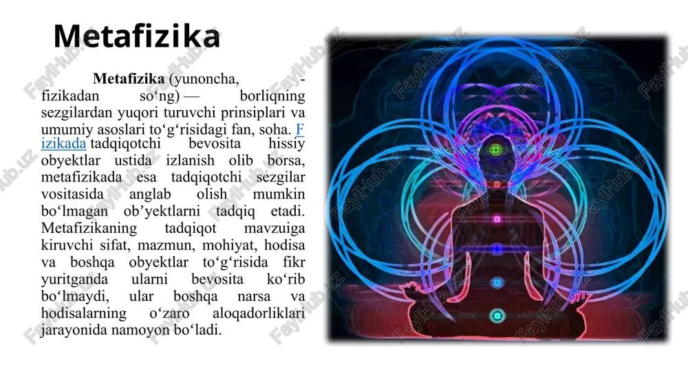 ir joyning boshqa joylarga nisbatan koordinatsiyasi obyekt mavjudligining davomiyligi va saqlanishidir. u voqea-hodisalarning sinxroniya yoki diaxroniya munosabatlari bilan tavsiflanishi mumkin davomlilikning parchalab bo‘lmaydigan atomi, davomlilik kvanti. davomlilik chegaraga solingan lahzalar majmui makon va vaqtning metrik xossalari ko‘lamlilik o‘rin davomlilik lahza makon va vaqtning topologik xossalari vaqt tartibi makon va vaqtning bog‘liqligi sifat ko‘rsatkichlari makon va vaqtning uzluksizligi vaqtning o‘lchamliligi vaqt yo‘nalishi vaqt vaqt hodisalarning ketma-ketligi, jarayonlarning davomiyligini ifodalaydi vaqt tartibi va yo‘nalishi o‘tmish hozir kelajak makon va vaqtga oid konsepsiyalar dinamik konsepsiya statik konsepsiya vaqt jarayonlarining, shu jumladan vaqt oqimining obyektiv borligʻini, yaʼni oʻtmish, hozir va kelajak voqealari oʻrtasida real fizik farqlar mavjudligini tan oladi. obyektiv vaqt jarayonlari mavjudligini inkor etmagan holda, vaqtning oʻtmish, hozir va kelajakka boʻlinishini rad etadi. gravitatsion (kvantlar-gravitonlar) elektromagnit (kvantlar - fotonlar) elektron-pozitronli (kvant elektronlar, pozitronlar) yadro (kvantlar - mezonlar) materiya tuzilishi haqidagi tabiiy-ilmiy tasavvurlar maydon cheklilik cheksizlik ∞ cheksizlik – amaldagi qonunlarga boʻysunmaydigan, ularni aksioma …