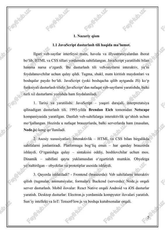 qismi – bekend ham bor. bu ilovaning odatda maʼlumotlar bazalari saqlanadigan server qismi hisoblanadi. javascriptʼda node.js – alohida dasturlash tili emas, balki javascript kodining server tomonidagi bajarilish muhiti mavjud. uning yordamida operatsiyalarni bajarish yoki maʼlumotlar bazalariga murojaat qilish mumkin. javascriptʼdan node.js bilan birgalikda taniqli paypal va walmart kompaniyalari serverlari bilan oʻzaro aloqada boʻlish uchun foydalanadi. 1-rasm. fronted va bekend tushunchasi. brauzer kengaytmalari - brauzer kengaytmalari brauzerda bajariladigan koddan iborat mini-dasturlar hisoblanadi. kengaytmalar reklamalarni bloklash, vpnʼni yoqish, videolarni yuklab olish yoki internetda oʻtkazilgan vaqtni hisoblashda yordam beradi. ularning deyarli barchasi javascriptʼda yozilgan. mobil ilovalar - javascriptʼda ios va android uchun ilovalar ham yoziladi. buning uchun maxsus freymvorklar: tayyor kodlar toʻplami, boʻlajak ilovalarning “karkasi” mavjud. javascript freymvorklari react native kabi kodni mobil platformalarga moslashtirishga yordam beradi. bu ham ios, ham androidʼda ishlaydigan kross-platformali dasturlarni ishlab chiqish imkonini beradi. bu esa tizimlarning har biri uchun alohida dasturchilarni yollamasdan turib dasturning ikkita versiyasini yaratish …
