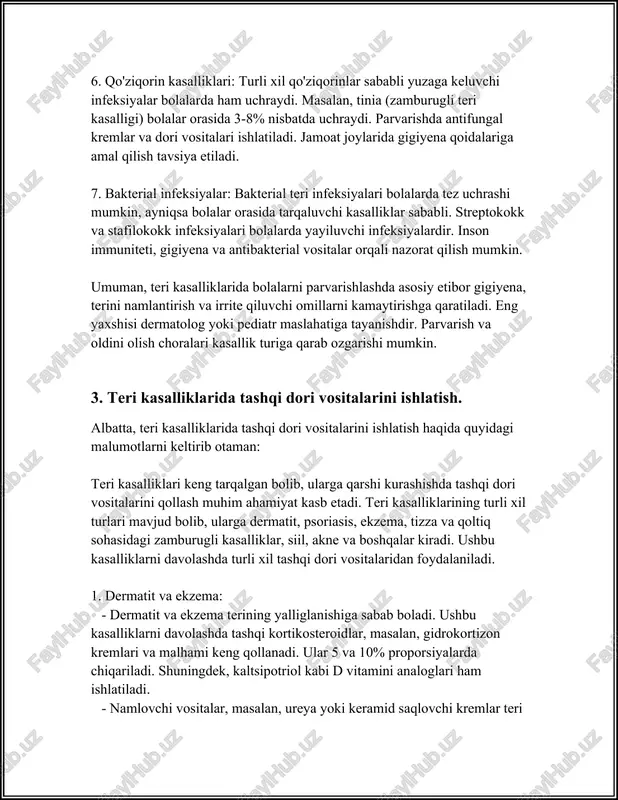 ultrarafi gazlamadan tayyorlangan fototerapiya lampalari psoriasni davolashda qollanilishi mumkin. - mahalliy pul sharoitida ulardan foydalanish uchun taxminan 2-4% li nimf kifoyalarini kundalik istemol qilish talab etiladi. 3. akne: - akneni davolashda tashqi retinoidlar, masalan, tretinoin yoki adapalen ishlatiladi. ushbu vositalar 0.01% va 0.03% konsentratsiyada mavjud. - benzoyl peroksid saqlovchi kremlar va gellar ham qollaniladi. ular 2.5%, 5%, va 10% konsentratsiyalarda chiqariladi. - antibakterial strainsiyalar sifatida eritromitsin yoki klindamitsin kremlari va gellari foydalaniladi. 4. zamburugli infeksiyalar: - zamburugli kasalliklarni davolashda antimikotik kremlar, masalan, klotrimazol va mikonazol foydalaniladi. ular teriga tashqi qollash uchun 1% konsentratsiyada taqdim etiladi. - yuz terisini davolashda nystatin va terbinafin kabi vositalar ham qollanilishi mumkin. 5. antiseptik vositalar: - yuvish vositalari sifatida xlorheksidin yoki povidon-iodin ishlatilishi mumkin. ushbu vositalar 0.05% va 10% eritma shaklida mavjud. - mikrobni bartaraf etish uchun kopincha triklozan saqlovchi sovunlardan foydalaniladi. 6. mahalliy anestetiklar: - terini uyushtirish uchun lidokain yoki prilokain kremlari ishlatiladi. ular …