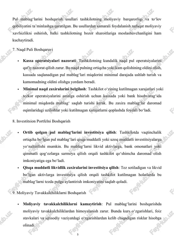 ishlash va to‘lov muddatlarini o‘z vaqtida nazorat qilish pul mablag‘lari harakati barqarorligini saqlash uchun muhim hisoblanadi. · debitor qarzlarini qisqartirish: qarzdorlikning o‘z vaqtida undirilishini ta’minlash va kechikishlarning oldini olish orqali likvidlikni oshirish mumkin. tashkilot o‘zining debitorlar bilan ishlash jarayonlarini yaxshilash orqali to‘lov muddatlarini qisqartirishi va qarzdorlikni kamaytirishi lozim. 11. pul mablag‘larini monitoring qilish · moliyaviy hisobotlar va ko‘rsatkichlarni tahlil qilish: doimiy moliyaviy monitoring tashkilotning pul oqimlari holatini kuzatib borish uchun juda muhim. pul mablag‘lari balansi, kassadagi mablag‘lar miqdori, qarzdorlik va boshqa moliyaviy ko‘rsatkichlar har oy tahlil qilinishi lozim. · real vaqt rejimidagi monitoring: zamonaviy texnologiyalar yordamida pul oqimlarini real vaqt rejimida kuzatib borish imkoniyati mavjud. buning uchun maxsus dasturlar va moliyaviy boshqaruv tizimlari tashkilotga pul mablag‘larining holatini istalgan vaqt kuzatish imkoniyatini beradi. 12. budjetlashtirish · moliyaviy budjet tuzish: pul mablag‘larini boshqarishda byudjetlashtirish muhim ahamiyatga ega. byudjet tashkilotning daromad va xarajatlarini rejalashtirishga yordam beradi, xarajatlarni nazorat qiladi va moliyaviy resurslarni samarali …