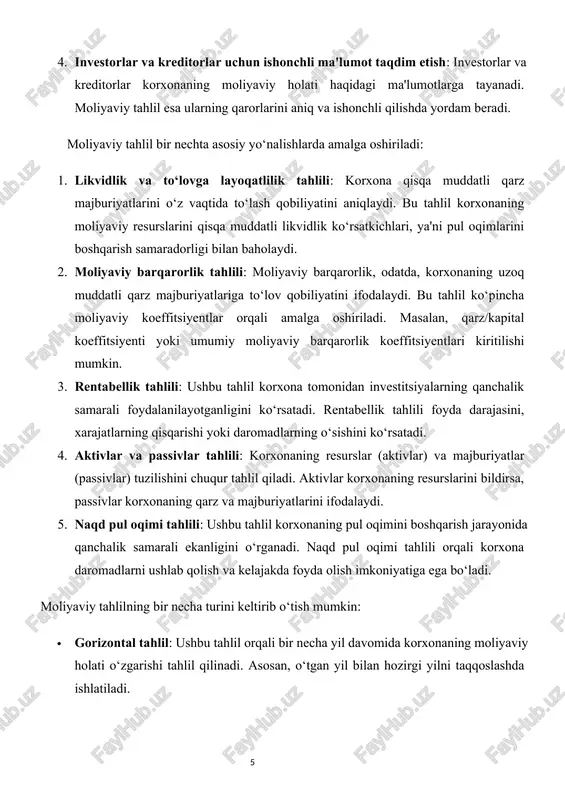 l qilinadi. asosan, o‘tgan yil bilan hozirgi yilni taqqoslashda ishlatiladi. · vertikal tahlil: vertikal tahlil, bir yillik moliyaviy hisobotdagi har bir ko‘rsatkichning umumiy hajmga nisbatan qismini tahlil qilish orqali amalga oshiriladi. moliyaviy tahlil quyidagi jihatlarda ahamiyatga ega: moliyaviy qarorlarni optimallashtirish: tahlil natijalari asosida moliyaviy qarorlar qabul qilinadi, bu esa korxonaga moliyaviy oqibatlarni bashorat qilish va tavakkalchilik darajasini kamaytirishga yordam beradi. · moliyaviy qarorlarni optimallashtirish: tahlil natijalari asosida moliyaviy qarorlar qabul qilinadi, bu esa korxonaga moliyaviy oqibatlarni bashorat qilish va tavakkalchilik darajasini kamaytirishga yordam beradi. · ichki boshqaruv jarayonlarini takomillashtirish: moliyaviy tahlil natijalariga asoslanib, korxonaning boshqaruv tizimini takomillashtirish imkoniyati mavjud. · investorlar va kreditorlar uchun ko‘rsatkichlarni oshkor qilish: tahlil natijalari investor va kreditorlar uchun korxonaning moliyaviy ahvolini tushunishga yordam beradi. umuman olganda, moliyaviy tahlil korxonaning ichki boshqaruv jarayonini yaxshilash, to‘g‘ri moliyaviy strategiyalarni ishlab chiqish va muvaffaqiyatga erishish uchun muhim ahamiyatga ega. moliyaviy tahlil – korxona yoki tashkilotning moliyaviy ahvolini baholash va …
