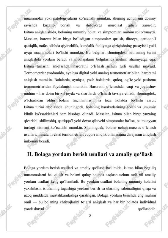 iyish tavsiya etiladi, chunki bu uning tana haroratini nazorat qilishda yordam beradi. bundan tashqari, xona havosining sifatiga va haroratiga e’tibor berish kerak, chunki juda issiq yoki juda sovuq muhit bolada isitma simptomlarini kuchaytirishi mumkin. suyuqlik iste’moli bolalarni isitma davrida muhim rol o‘ynaydi. bolani ko‘p suyuqlik ichirish, ayniqsa, suv, meva sharbatlari yoki bolaga mos keladigan boshqa ichimliklar bilan ta’minlash orqali tana suyuqliklarining balansini tiklash mumkin. bu nafaqat tananing issiqlikni chiqarish jarayonini yengillashtiradi, balki organizmni namlik bilan ta’minlaydi va isitmaning kamayishiga yordam beradi. suyuqliklar kam bo‘lsa, organizm dehidratsiyaga uchrashi mumkin, bu esa bolada holsizlik, bosh aylanishi va boshqa muammolarni keltirib chiqaradi. dori vositalari yordamida isitmani kamaytirish uchun, antipiretik preparatlar — paracetamol va ibuprofen keng tarqalgan. ularni qo‘llashda doza, qabul qilish chastotasi va muddatiga e’tibor berish zarur. bu dorilar bolaning haroratini tezda pasaytirishga yordam beradi, lekin ularni faqat shifokor retsepti bilan va tavsiya etilgan dozalarda qo‘llash kerak. ularni noto‘g‘ri yoki ortiqcha dozada qabul …