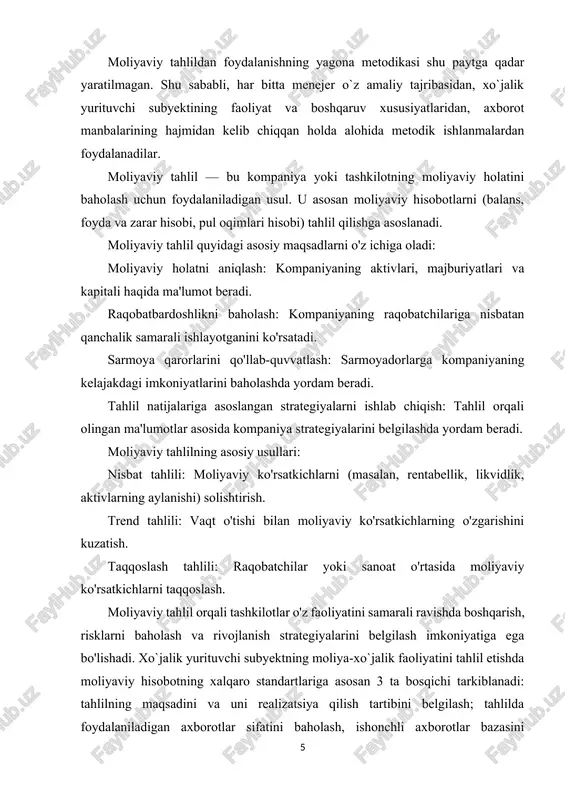 mezonlarini aniqlash tartibi to`g`risida”gi o`zbekiston respublikasi iqtisodiyot vazirligi qoshidagi iqtisodiy nochor korxonalar ishlari qo`mitasi qarori; “davlat ulushi bo`lgan aksiyadorlik jamiyatlari va boshqa xo`jalik yurituvchi subyektlar faoliyati samaradorligini baholash mezonlarini joriy etish to`g`risida” vazirlar mahkamasi qarori; moliyaviy hisobotlarning xalqaro standartlari (mhxs). “moliyaviy hisobotni tayyorlash va taqdim etish uchun konseptual asos” deb nomlangan bhmsda moliyaviy hisobot maqsadi sifatida quyidagilar bayon etilgan. “moliyaviy hisobotning maqsadi xo`jalik subyektining moliyaviy ahvoli, faoliyati, moliyaviy ahvolidagi o`zgarishlar to`g`risidagi axborotni taqdim etishdan iborat...”. moliyaviy hisobot axborotni quyidagilar uchun ham saqlaydi: investitsiya qarorlarini va kreditlar berishga doir qarorlarni qabul qilish; xo`jalik yurituvchi subyektning bo`lg`usi pul oqimiga baho berish; xo`jalik yurituvchi subyektga ishonib topshirilgan resurslar munosabati bilan uning resurslariga, majburiyatlariga baho berish; rahbar organlarning ishiga baho berish[footnoteref:1]. [1: steven m. bragg. financial analysis: a business decision guide. 2nd edition. colorado, accounting tools, inc., 2014. –325 pages. ] jumladan, mazkur standartning keyingi bandlarida xo`jalik yurituvchi subyekt nazorat qilib turadigan iqtisodiy resurslar, …